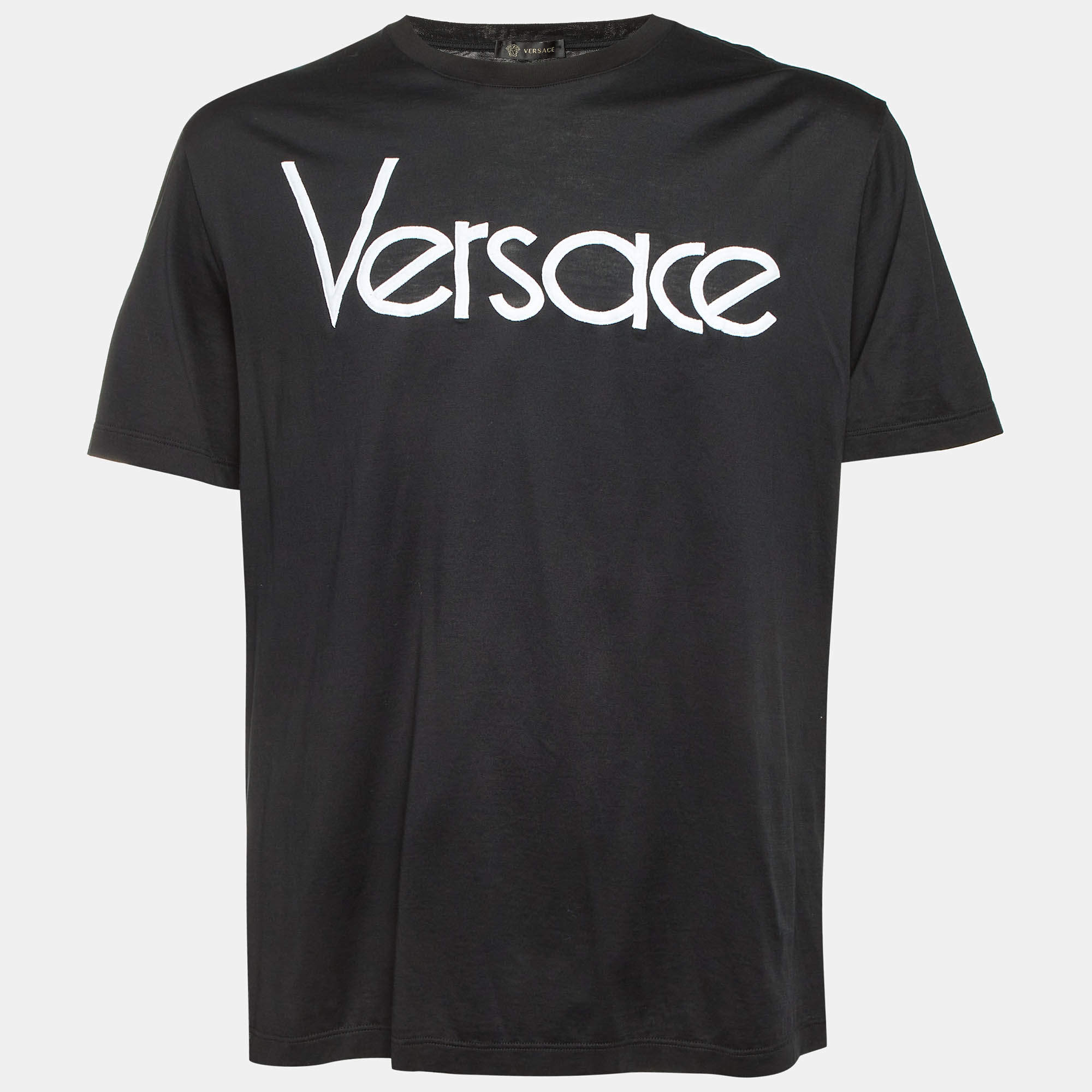 مملوكة مسبقًا Versace Black Logo Embroidered Jersey Crew Neck T-Shirt L