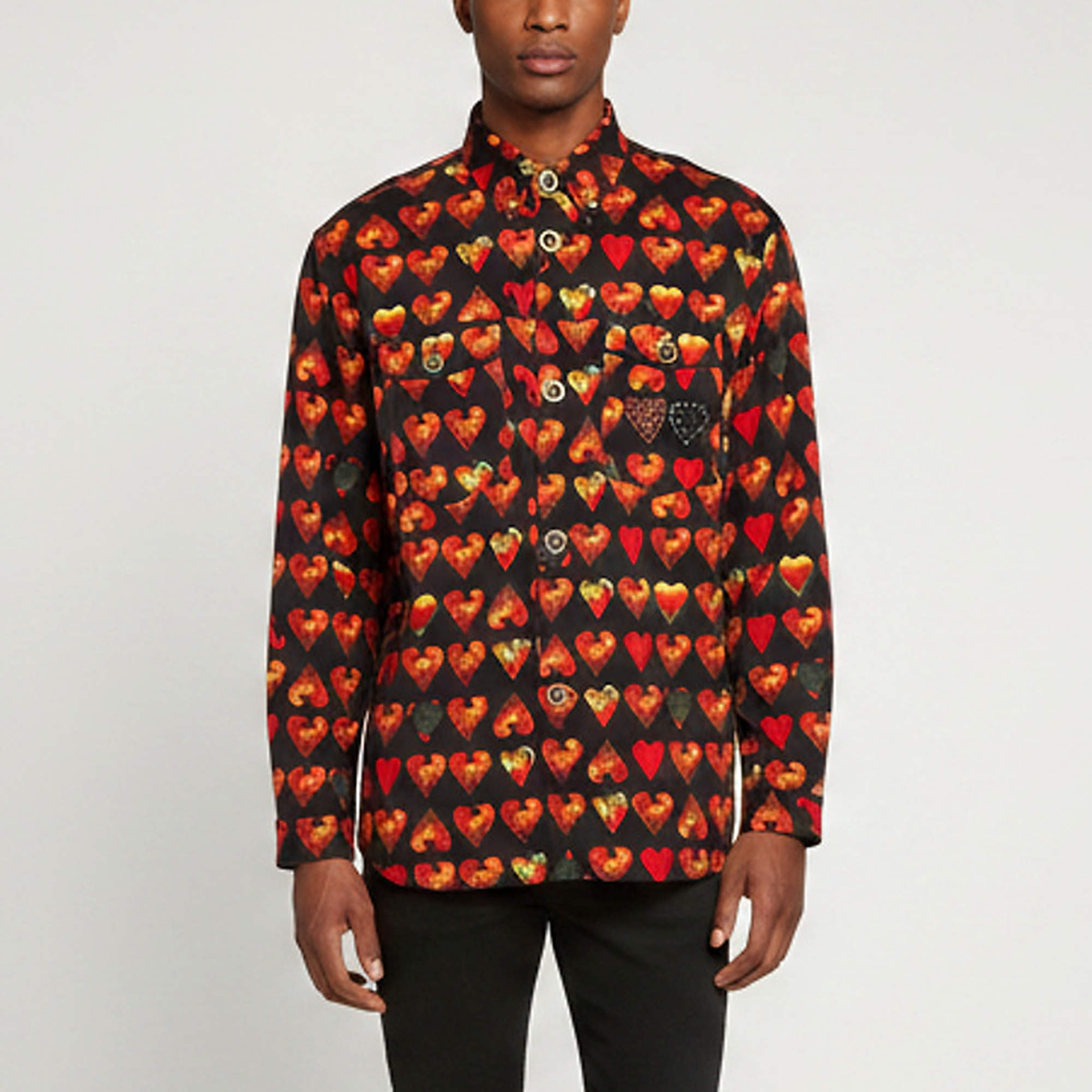 Pre Owned VERSACE Black All Over Heart Print Denim Button Down Shirt XS