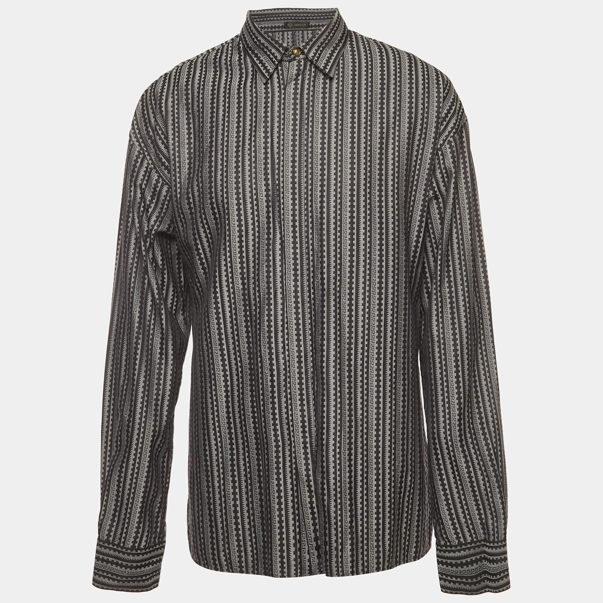 Pre Owned Versace Grey/Black Greca Motif Cotton Button Up Shirt XS