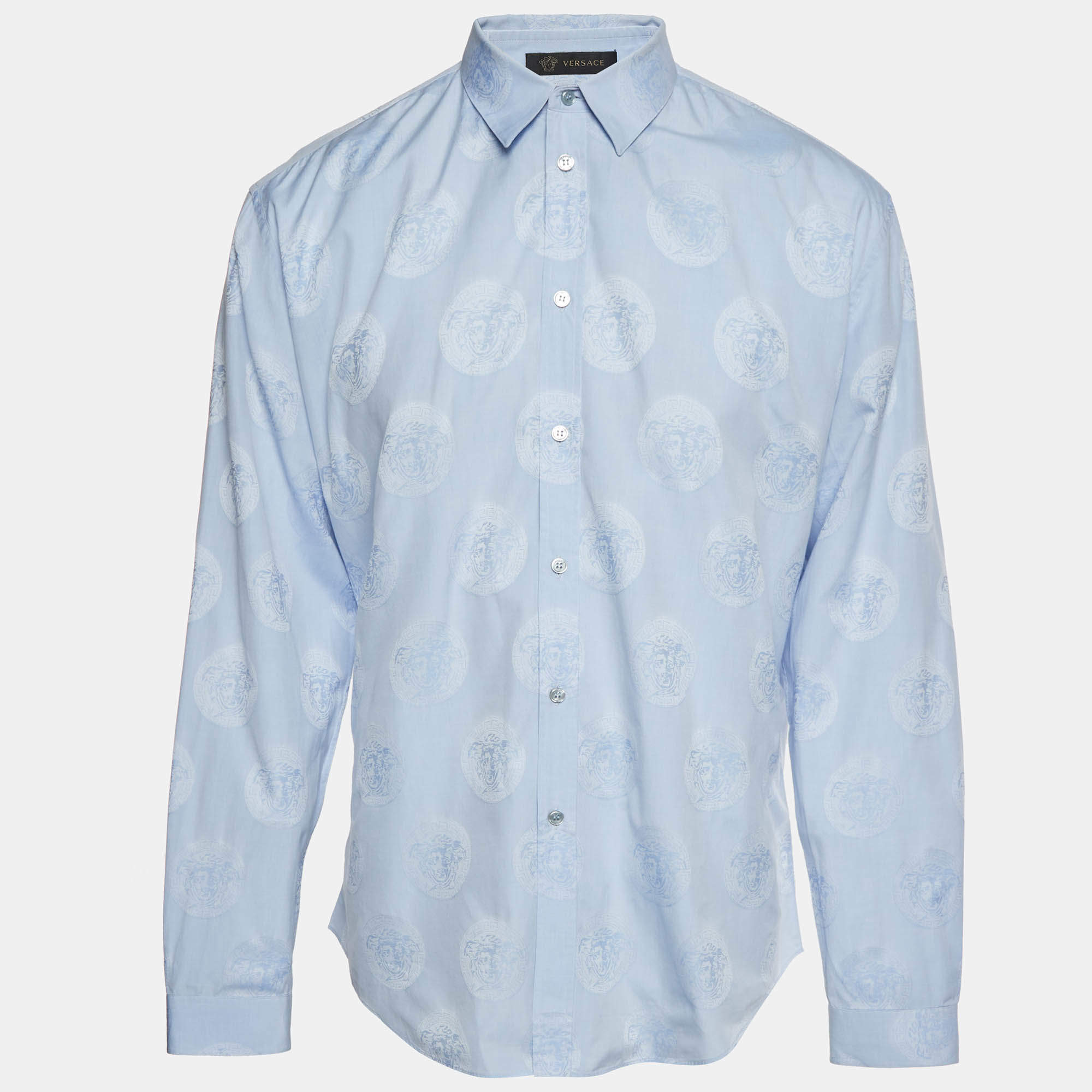 Pre Owned Versace Blue Medusa Head Cotton Button Up Shirt L   