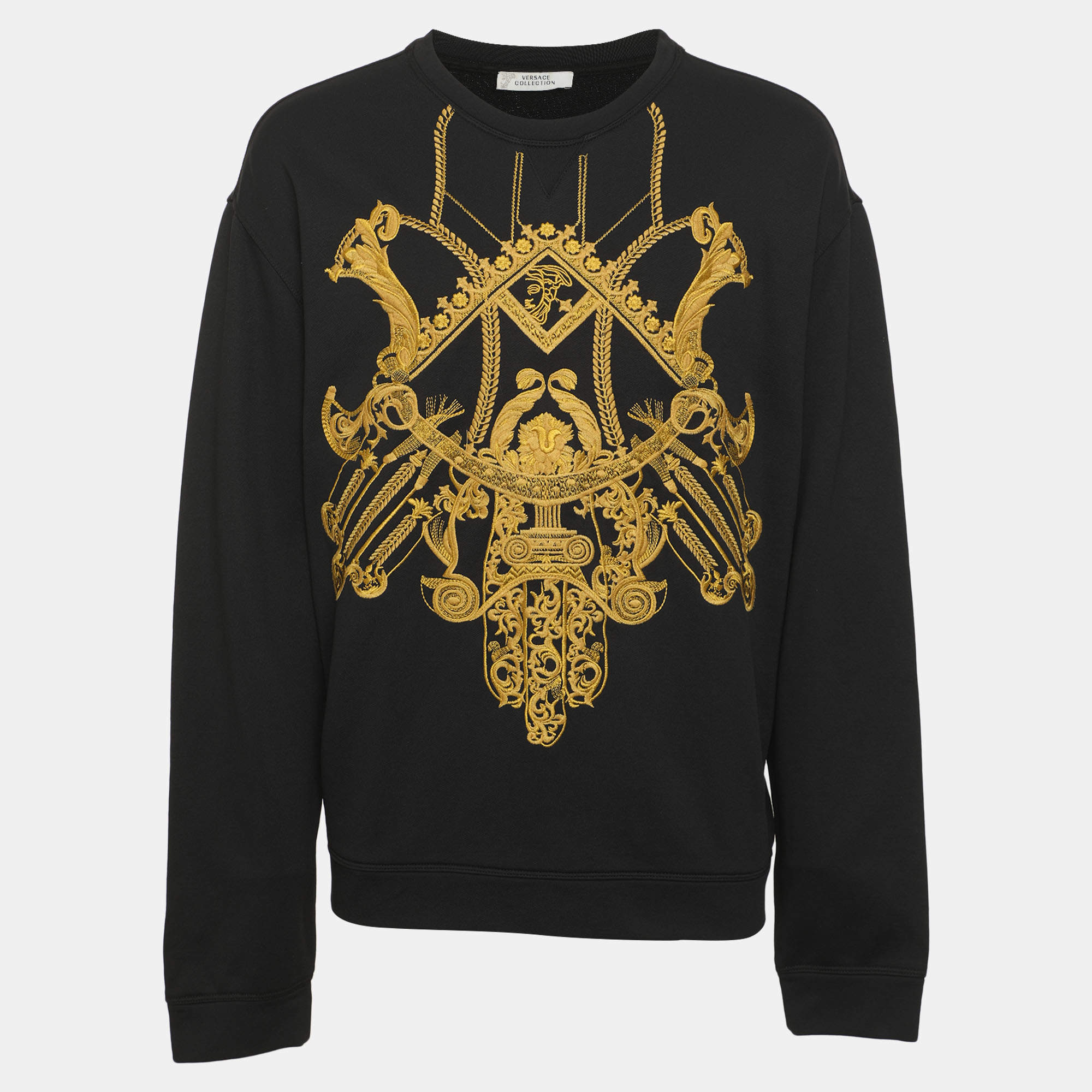 Pre Owned Versace Collection Black/Gold Jersey Baroque Embroidered Sweater XXL