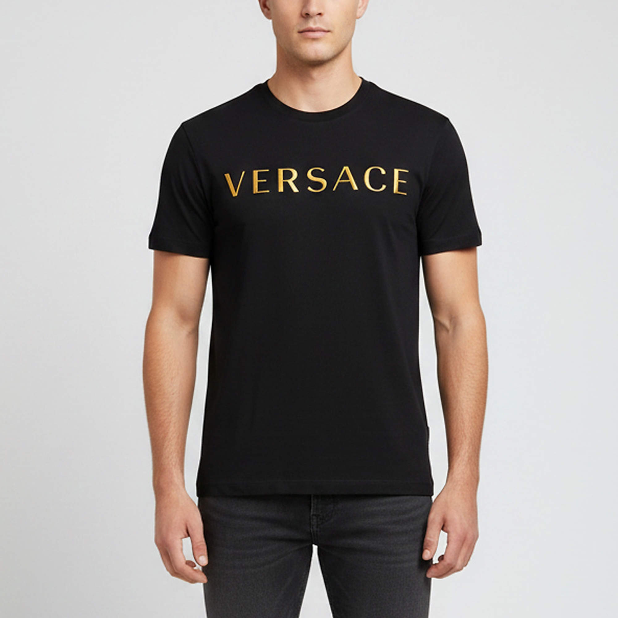 Pre Owned Versace Black Logo Embroidered Cotton Jersey Crewneck T-Shirt S