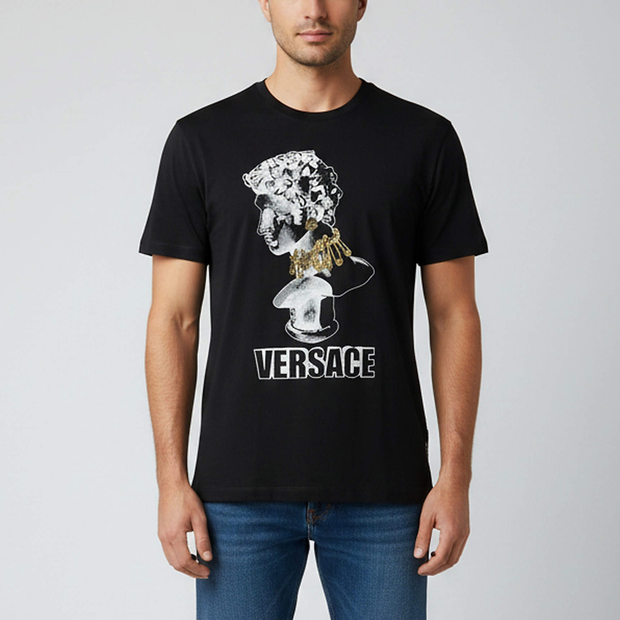 Pre Owned Versace Black Statue Illustration Print Cotton Crew Neck T-Shirt 2XL