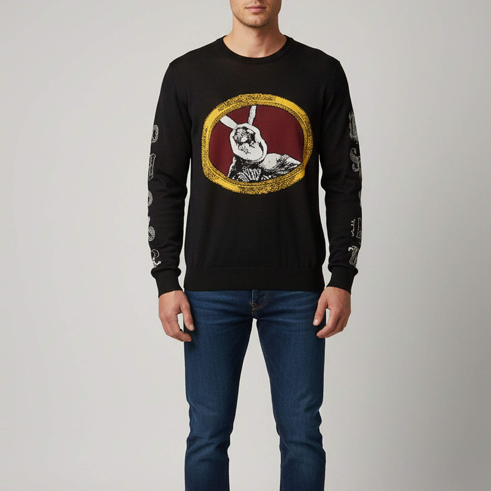 Pre Owned Versace Black Printed Knit Long Sleeve Crewneck Sweatshirt XL