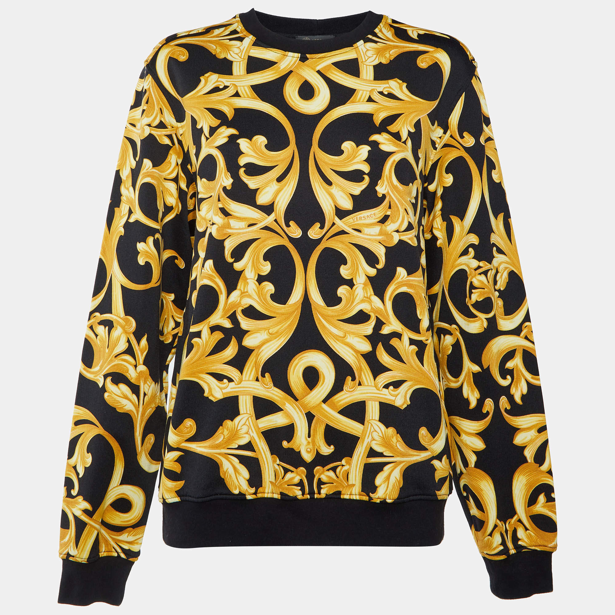 Pre Owned Versace Black/Yellow Baroque Print Cotton Crewneck Sweatshirt M