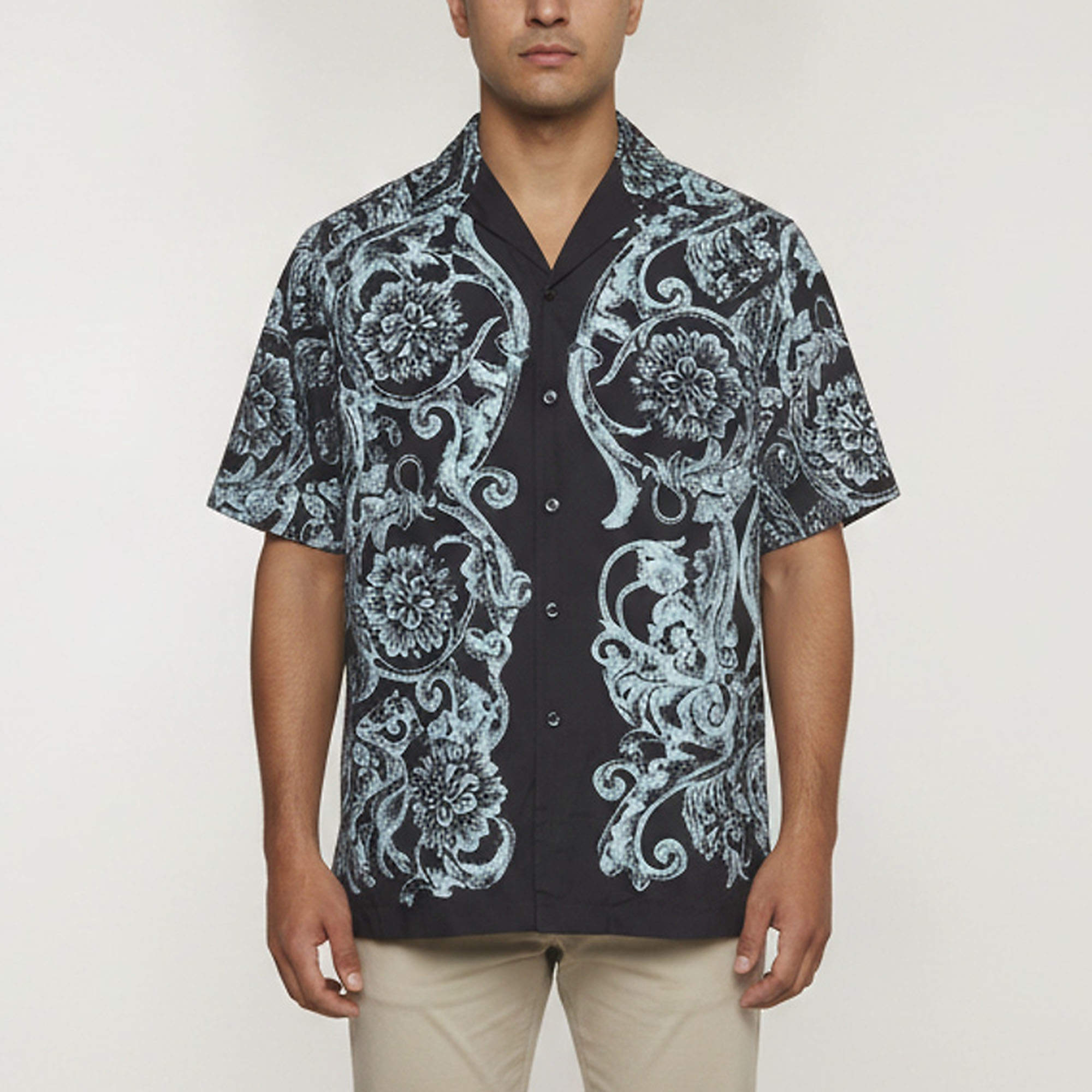 Pre Owned Versace Navy Blue Baroque Stencil Print Poplin Shirt M