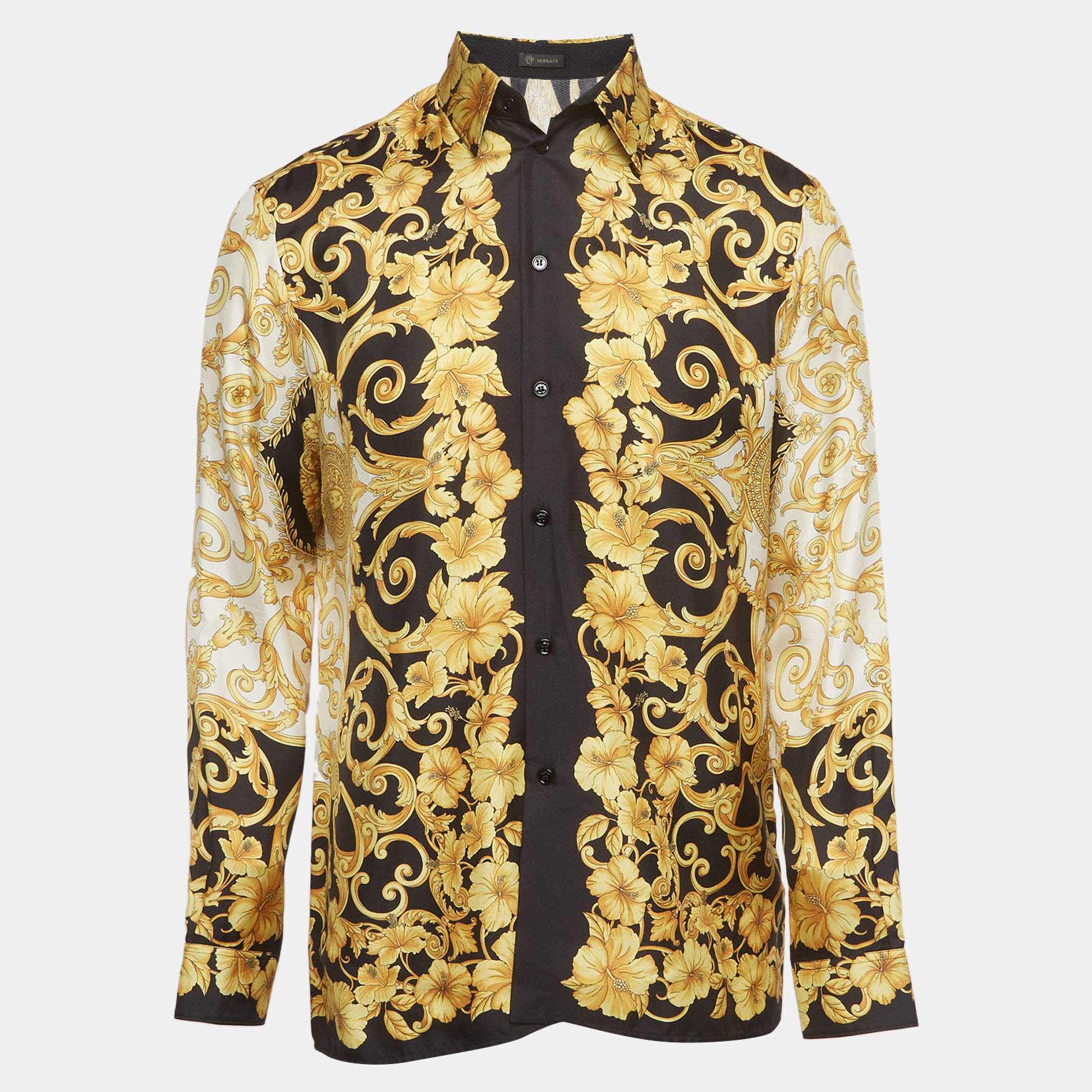 Pre Owned Versace Black/Gold Baroque Print Silk Button Down Shirt M