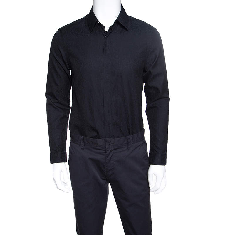 Versace Black Cotton Jacquard Long Sleeve Slim Fit Shirt L