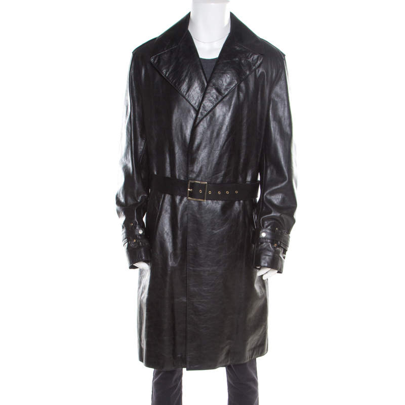 Versace Signature Black Leather Belted Overcoat XXL