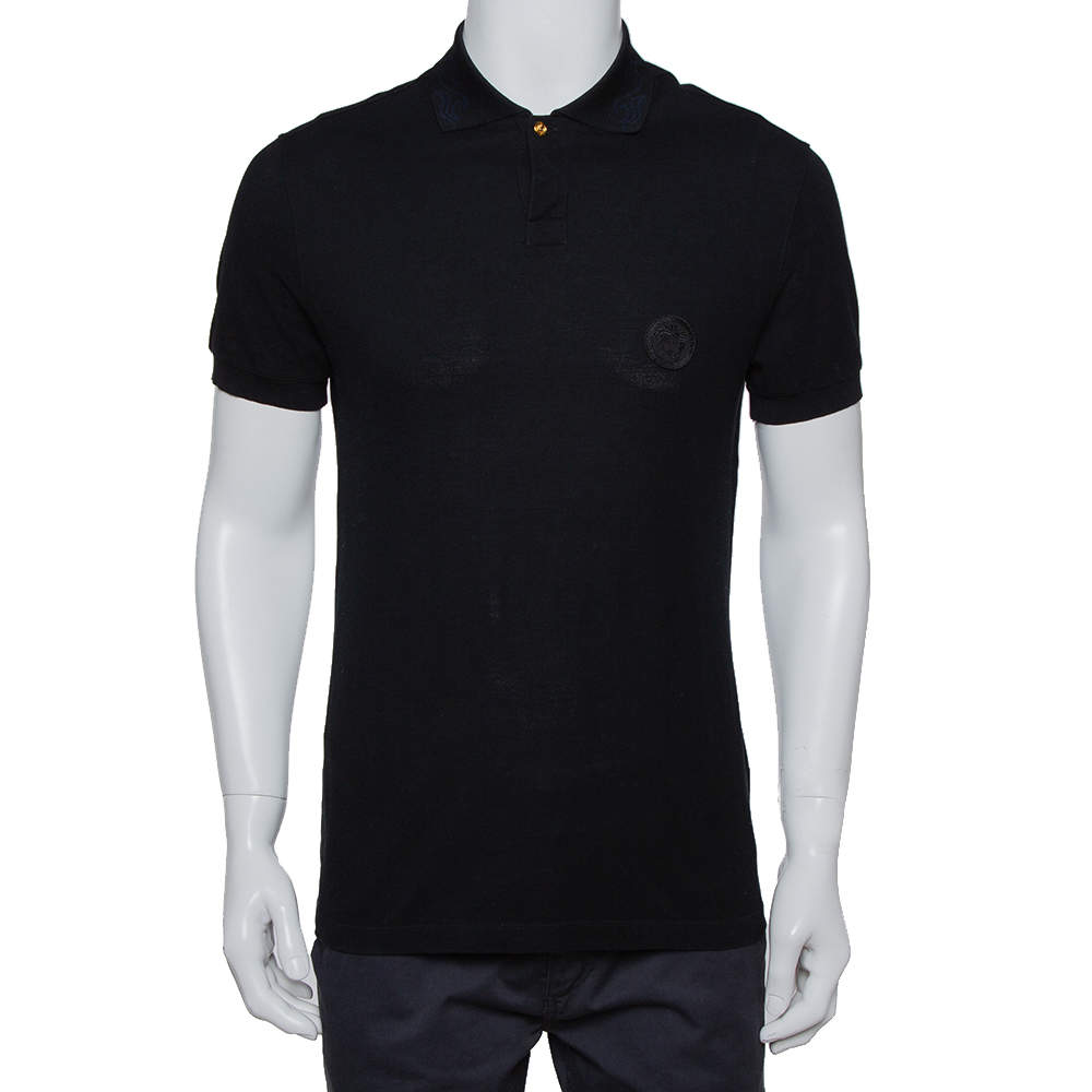 Pre Owned Versace Black Cotton Pique Contrast Collar Detail Polo T-Shirt S