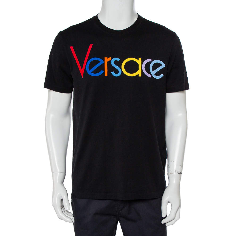 Versace Black Cotton Logo Embroidered Crewneck T-Shirt S