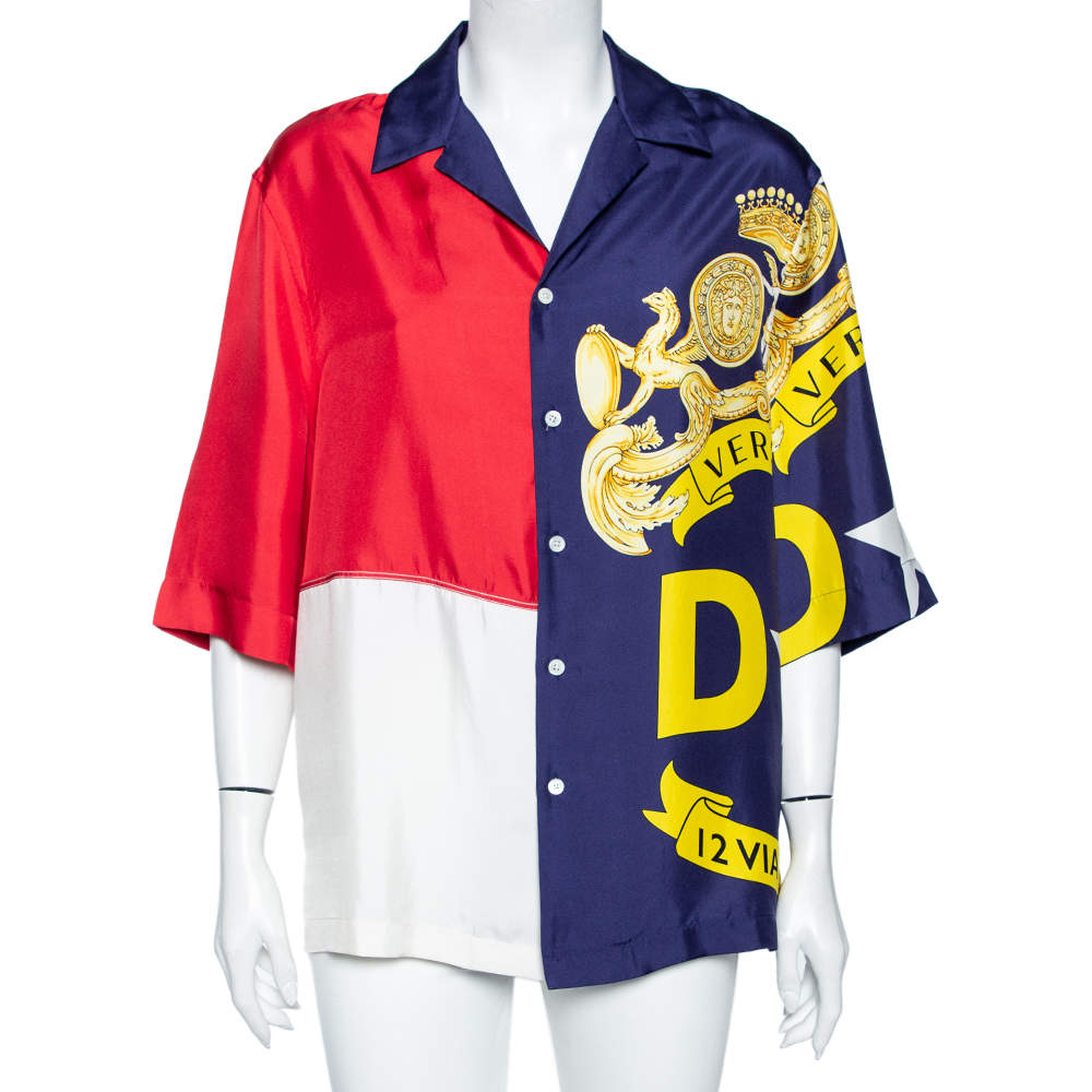 مملوكة مسبقًا Versace Colorblock Medusa Baroque Print Silk Shirt M