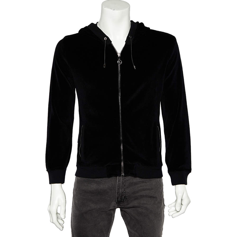 Pre Owned Versace Black Velvet Medusa Patch Detail Hooded Jacket L