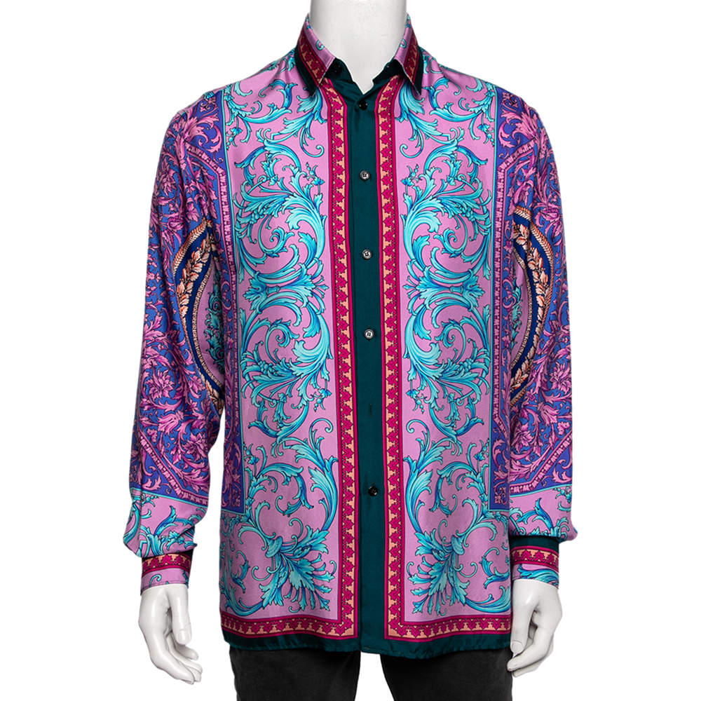 Versace Multicolor Baroque Print Silk Long Sleeve Shirt M Versace