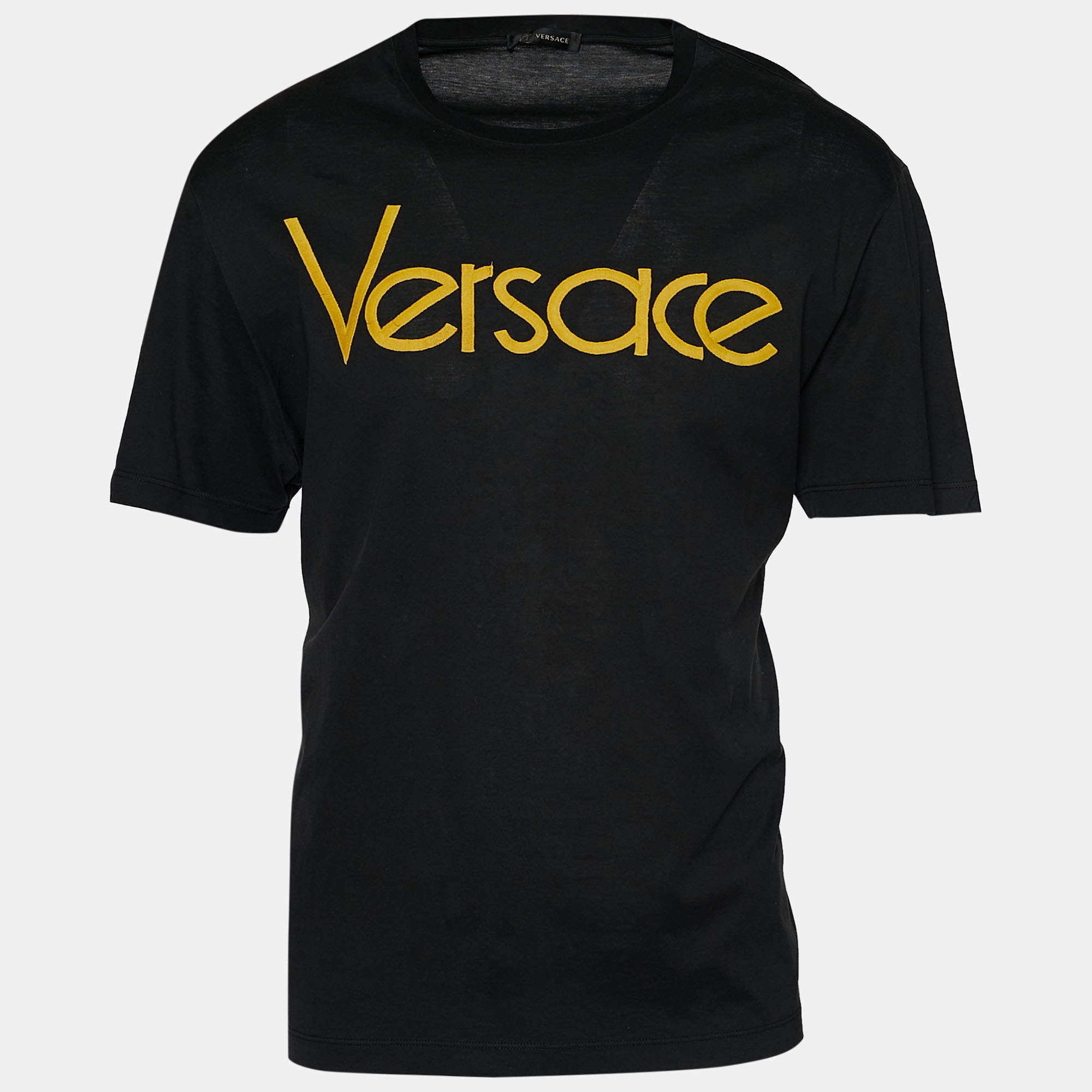 Pre Owned Versace Black Cotton Versace Embroidered Crew Neck T-Shirt L