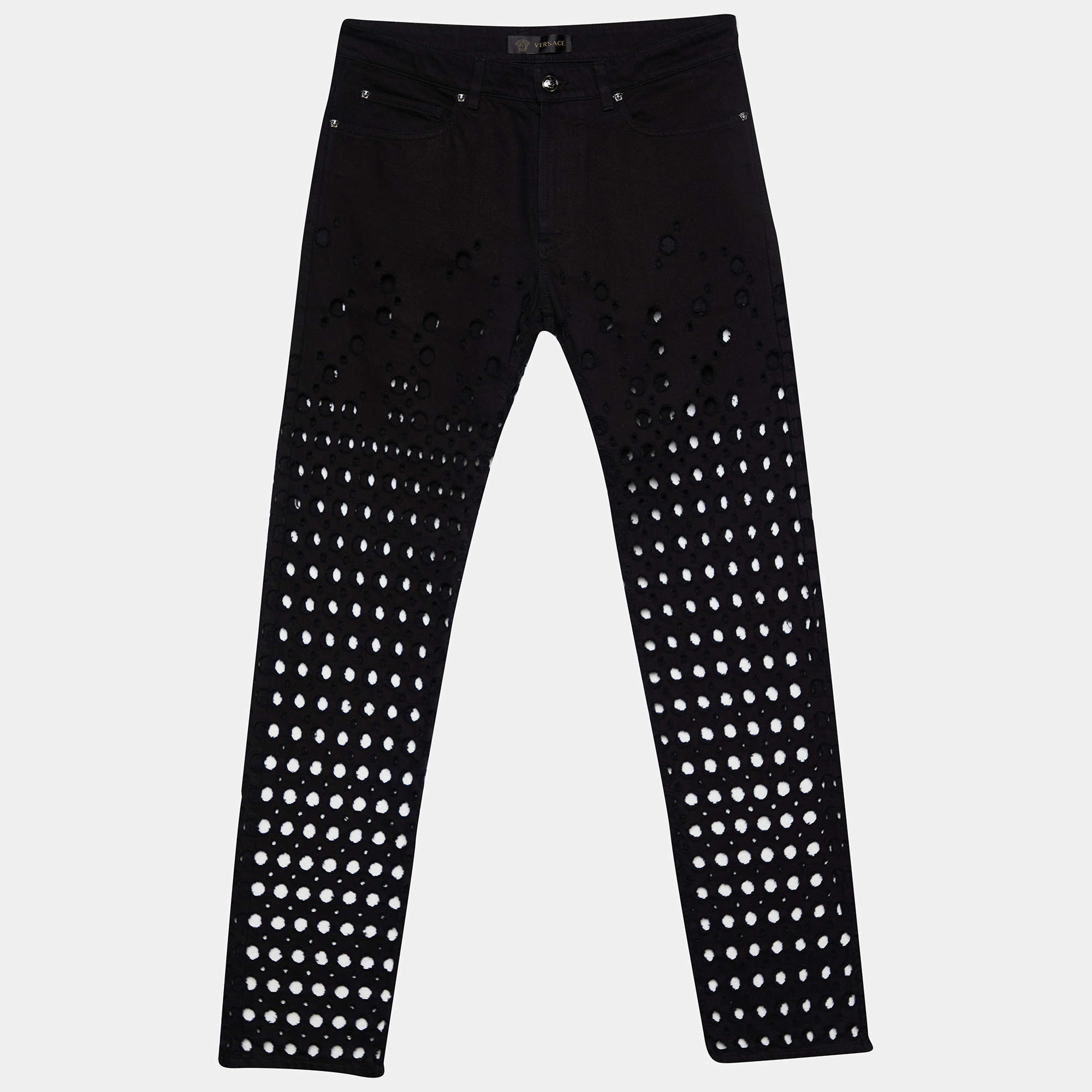 Versace Black Denim Perforated Straight Fit Jeans M Waist 34.5"