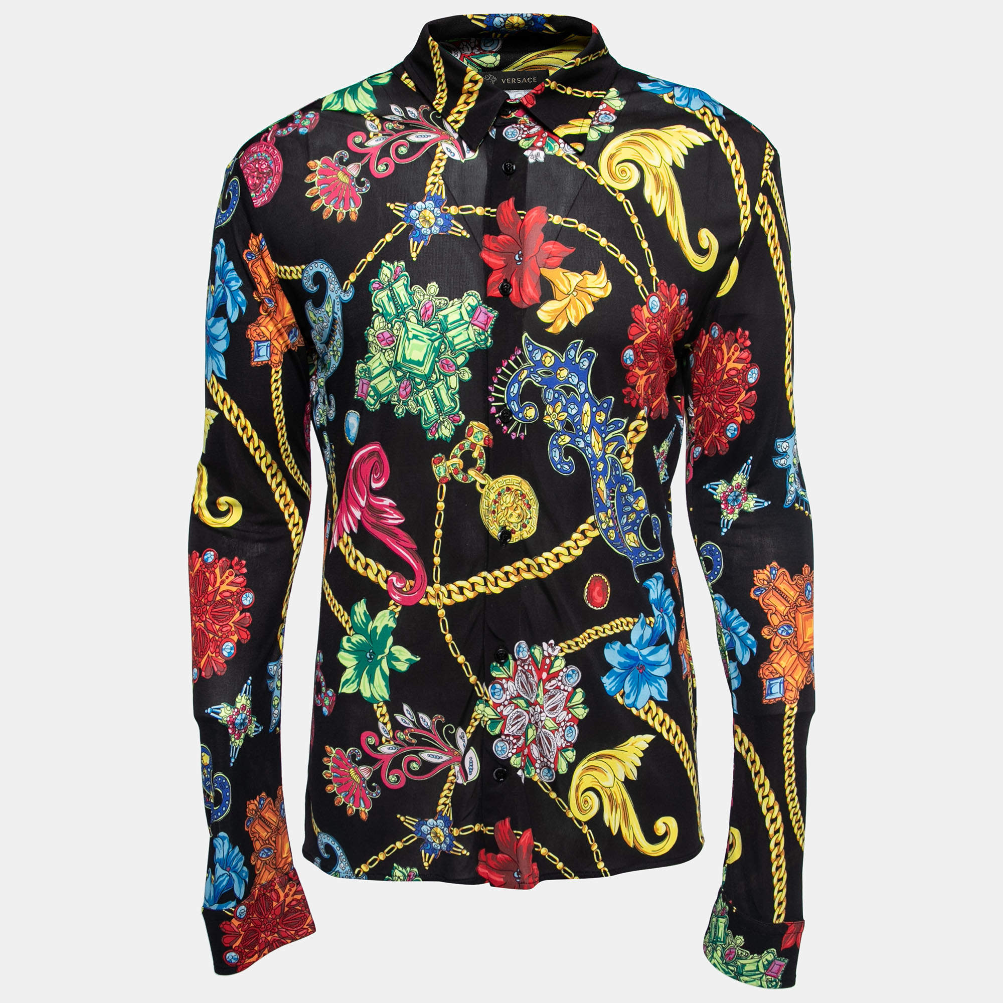 مملوكة مسبقًا Versace Black Printed Stretch Jersey Long Sleeve Shirt XL