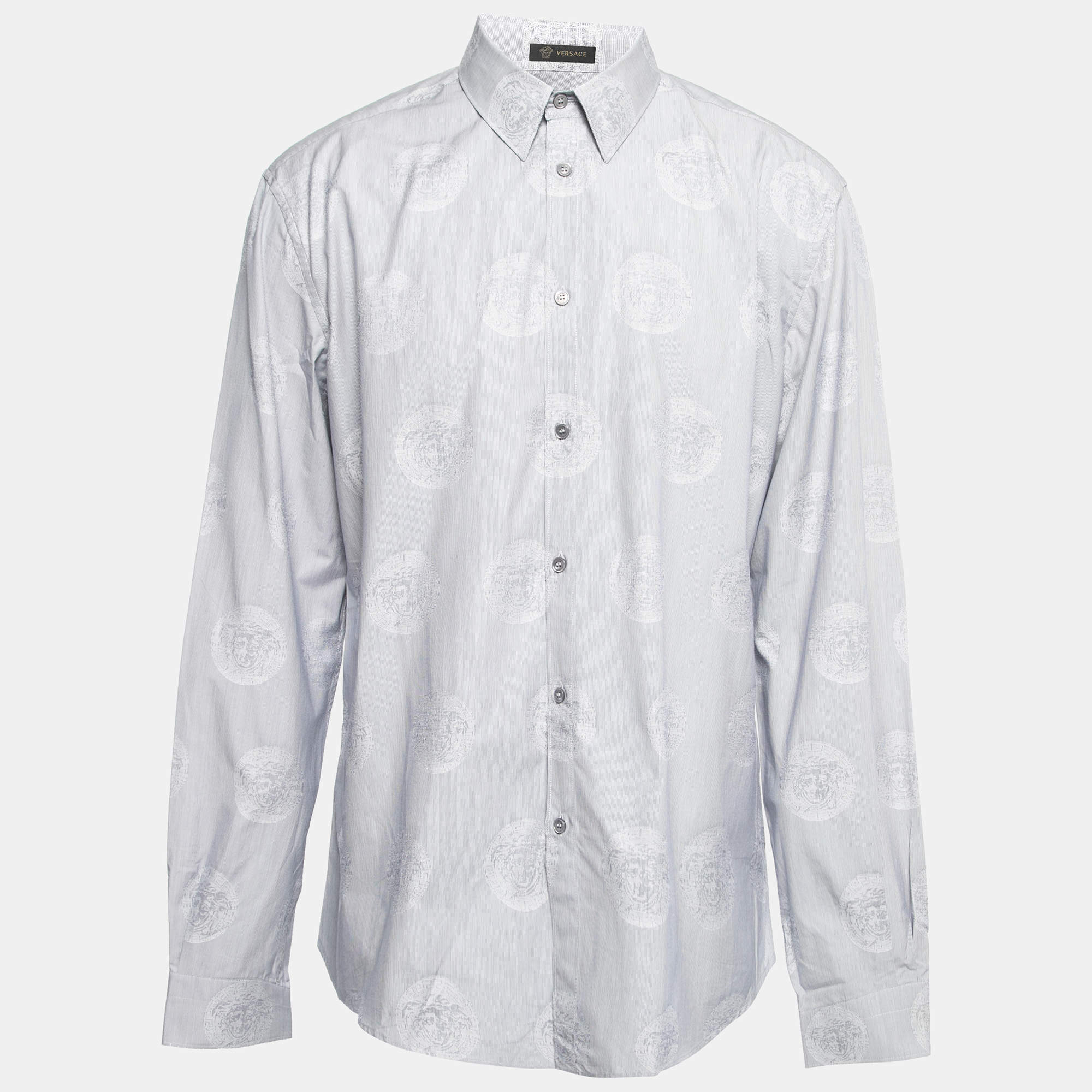 Pre Owned Versace Blue Logo Jacquard Cotton Button Front Shirt XXL