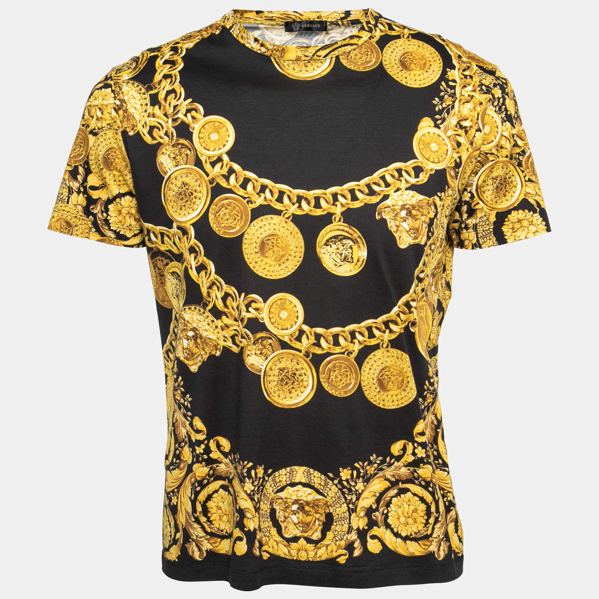 Versace Black Baroque Chain Printed Cotton T-Shirt L