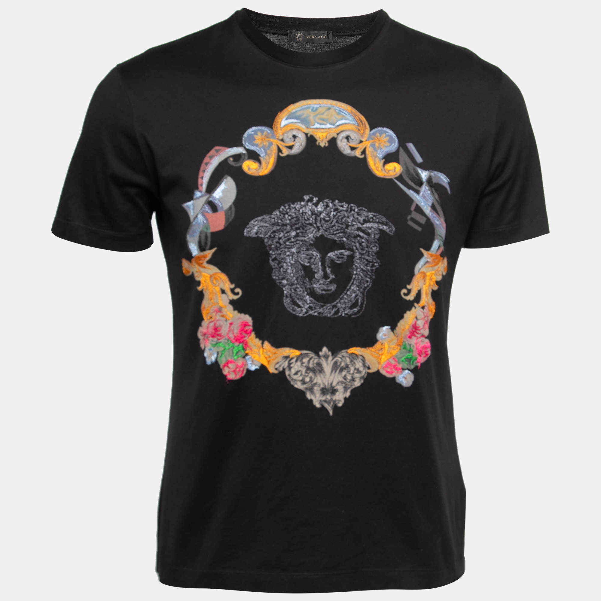 Versace Black Cotton Medusa Embroidered Short Sleeve T-Shirt S
