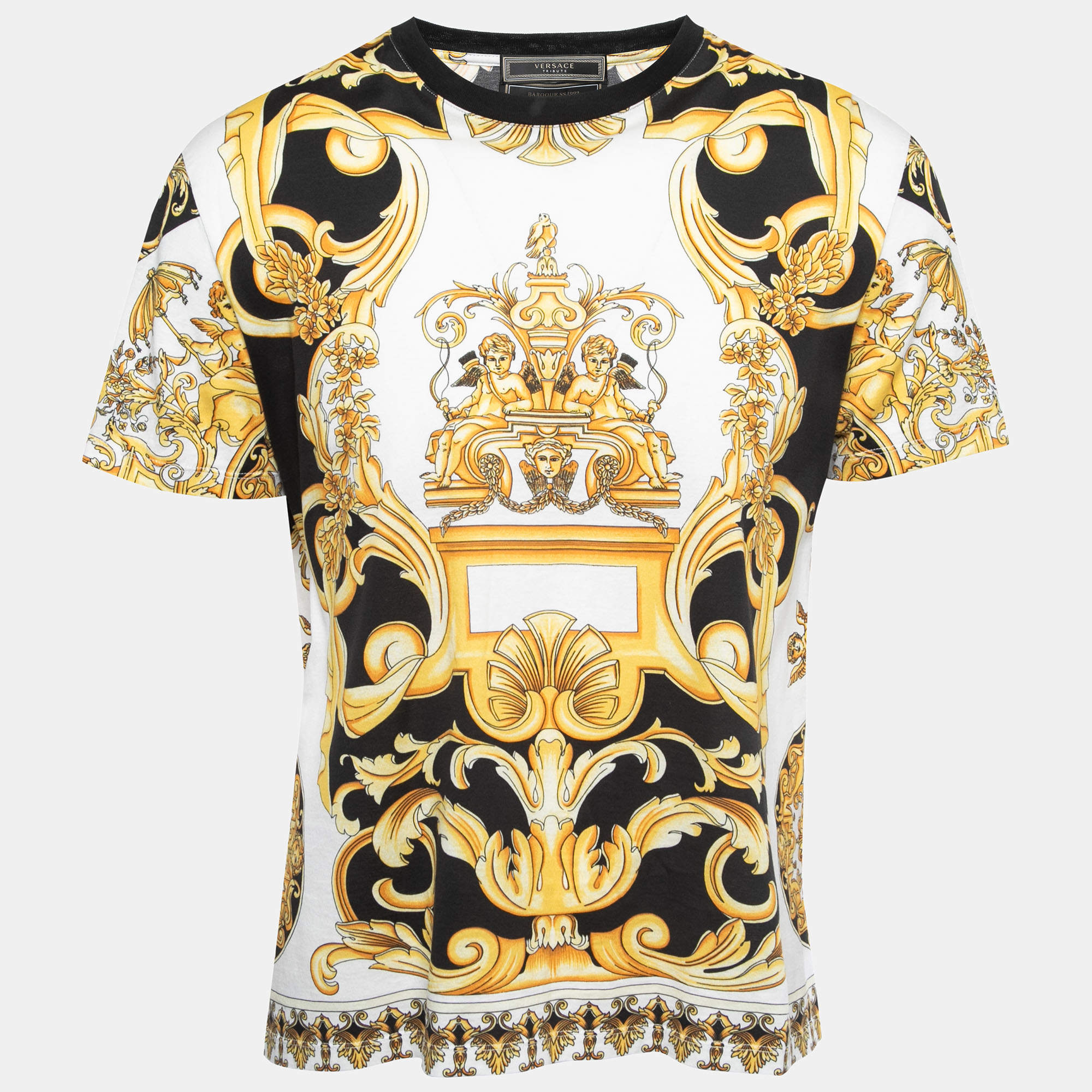 Versace Tribute Black/Yellow Baroque Printed Cotton T-Shirt XL Versace