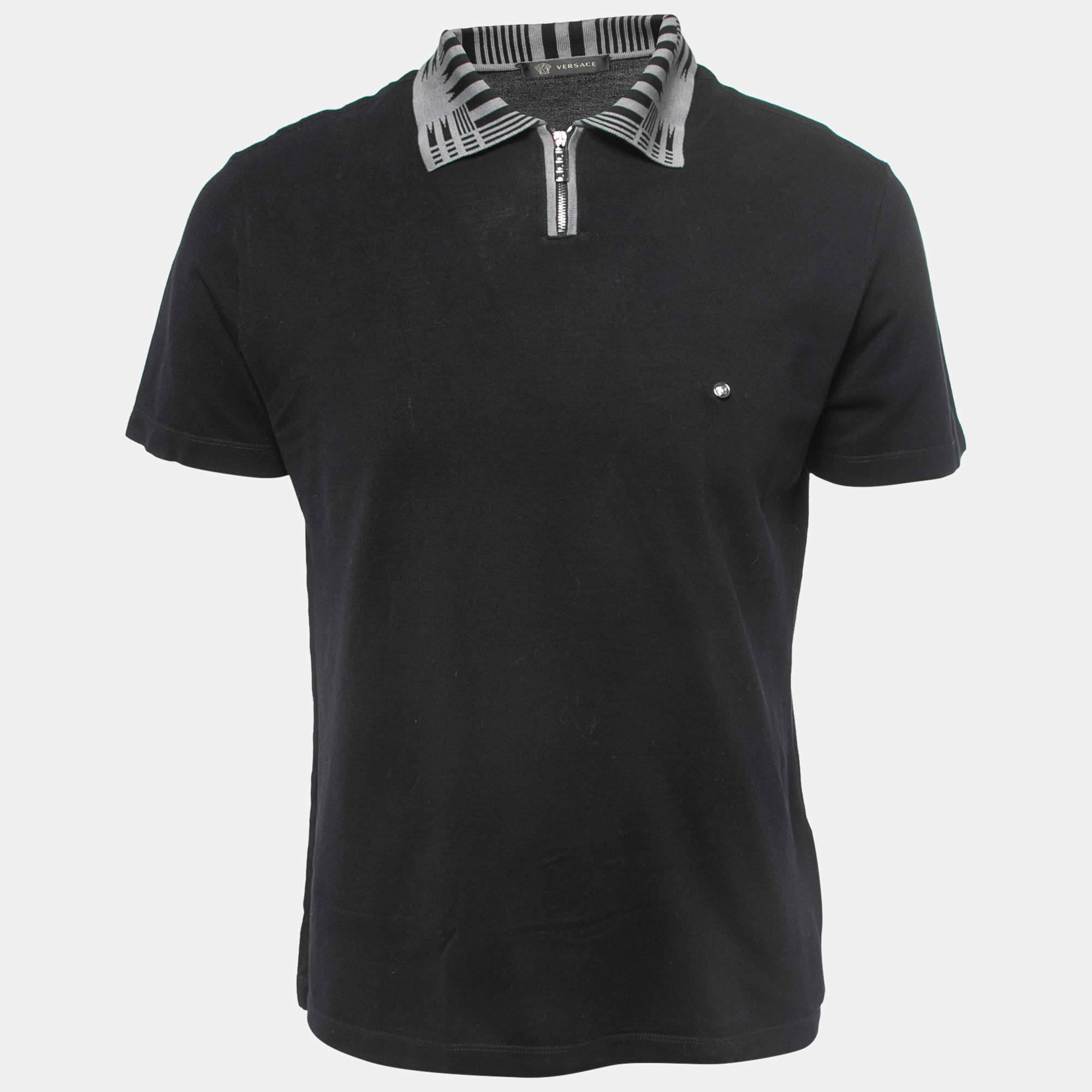 Pre Owned Versace Black Cototn Pique Contrast Collar Polo T-Shirt M