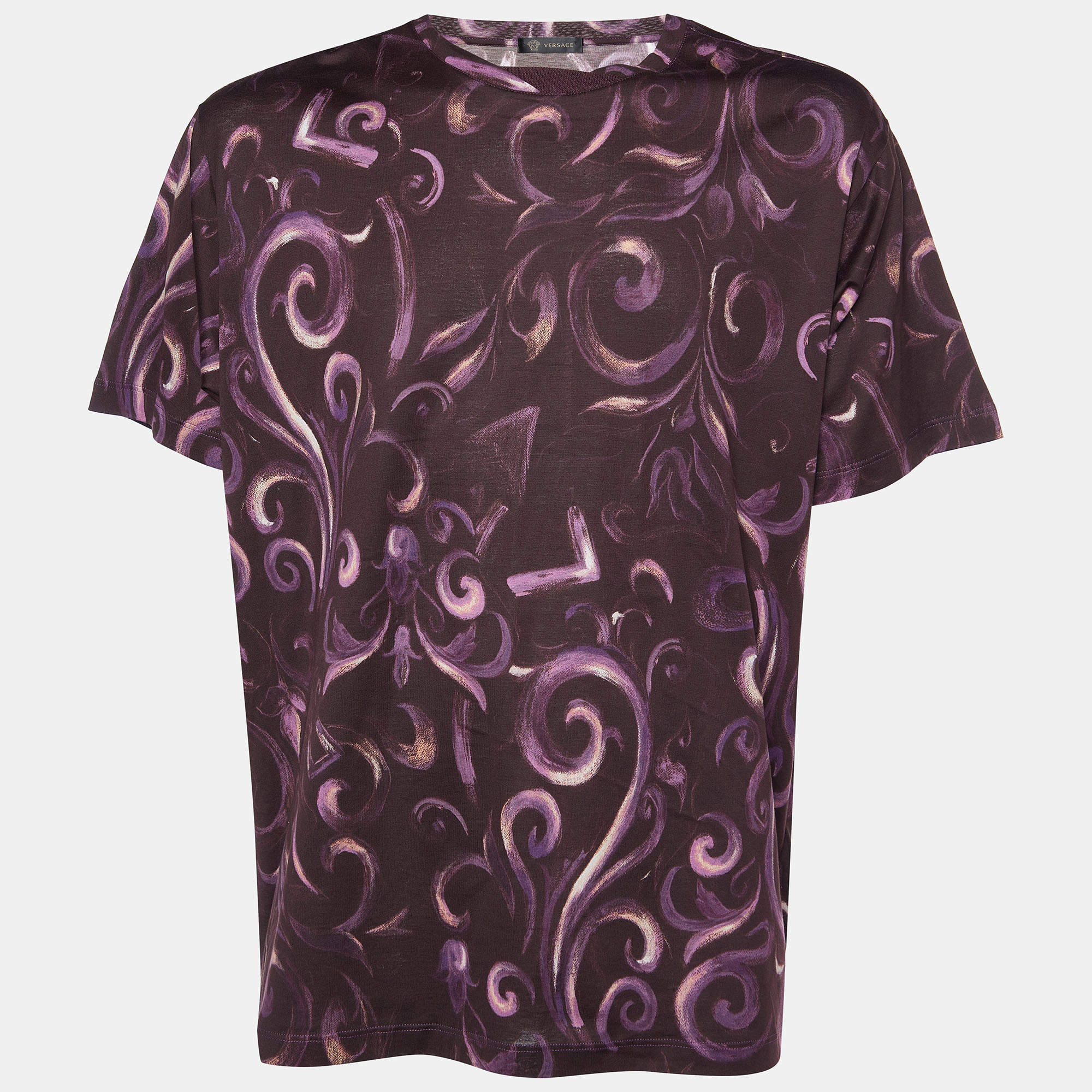 Pre Owned Versace Burgundy Printed Cotton Knit T-Shirt XL