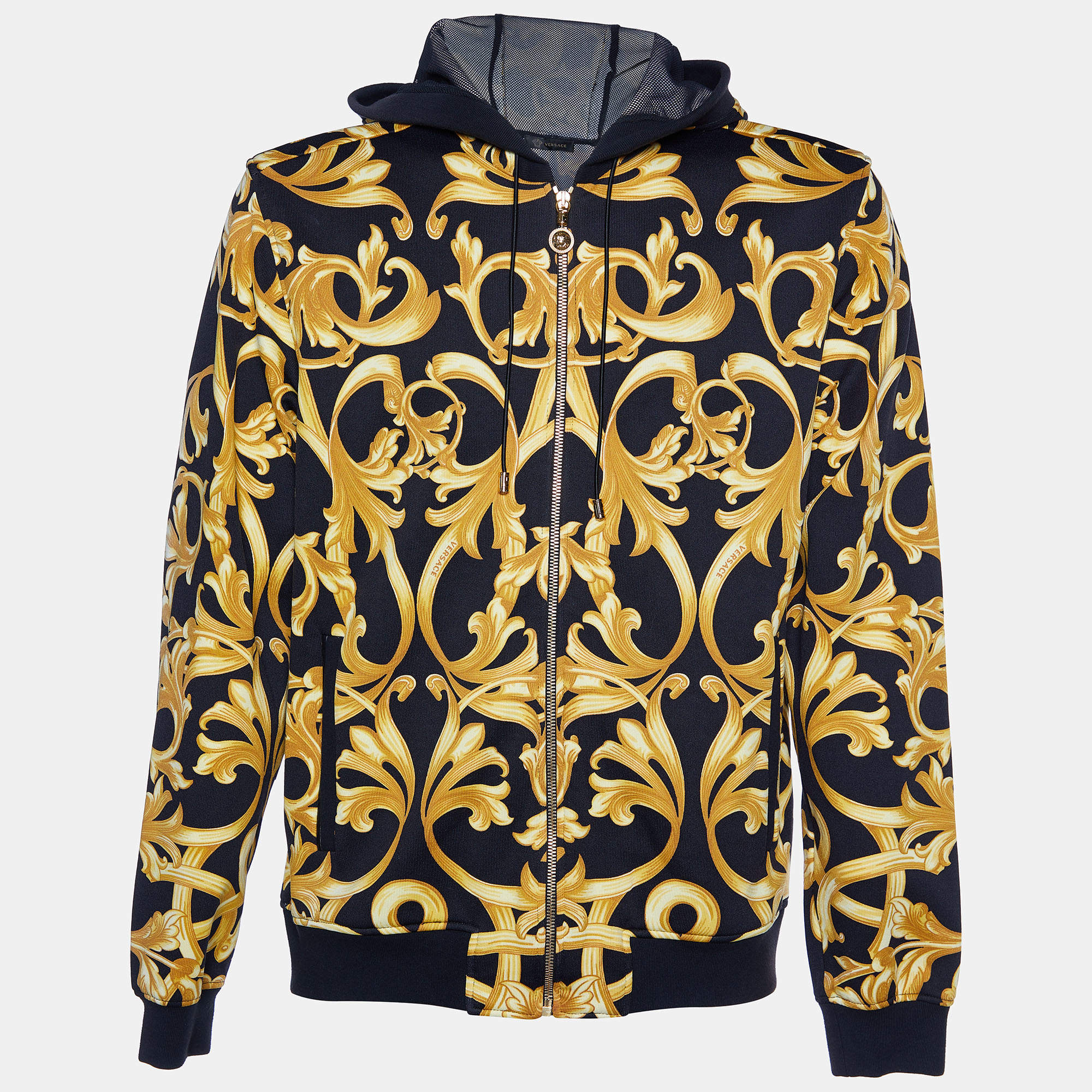 Pre Owned Versace Black baroque printed Cotton Knit Hooded Sweatshirt XL