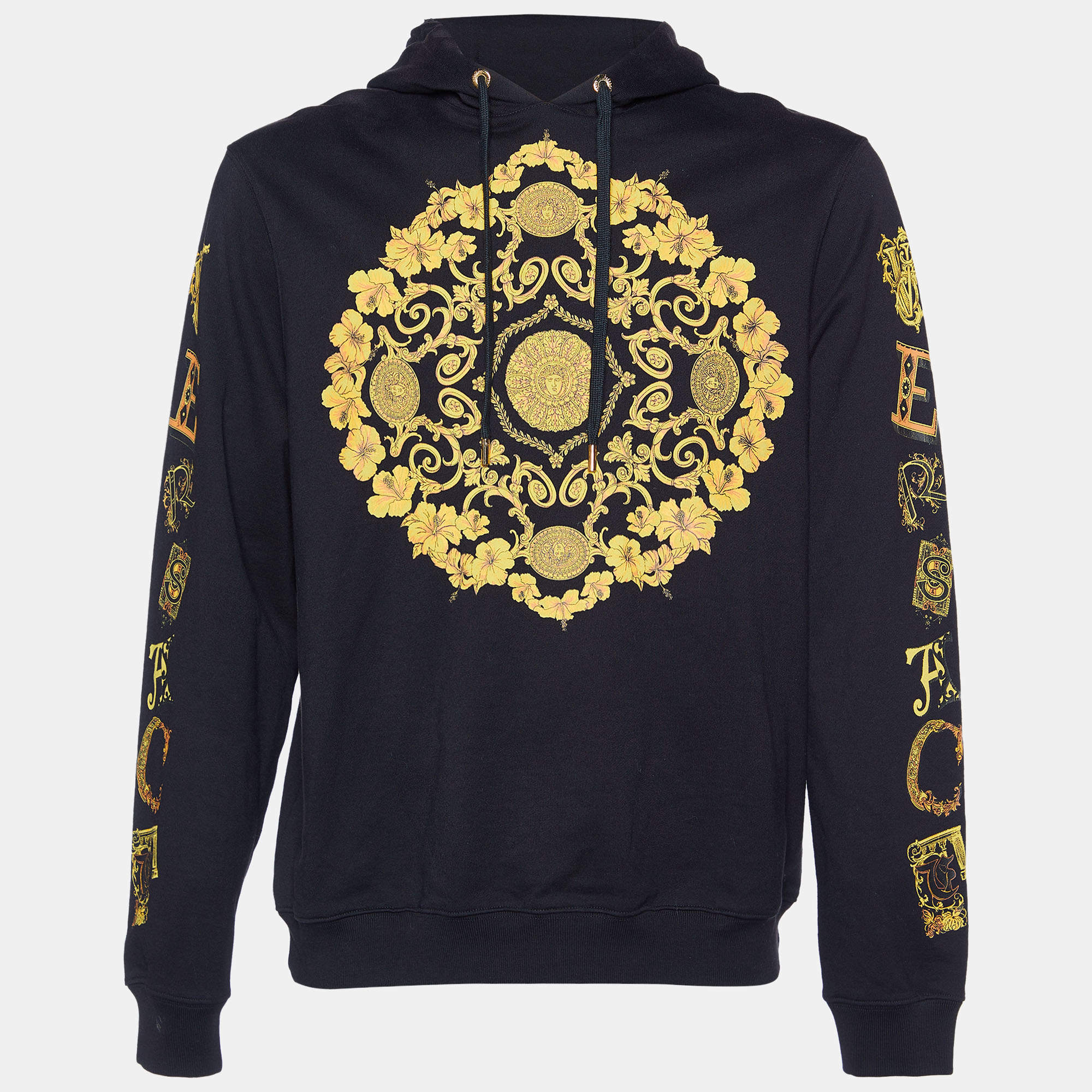 Pre Owned Versace Black Logo Printed Cotton Knit Hoodie XL