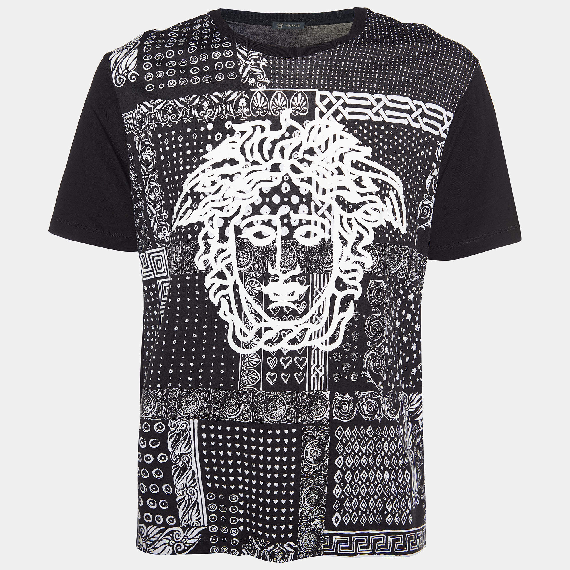 Pre Owned Versace Black Bandana & Medusa Head Printed Cotton Knit T-Shirt XL