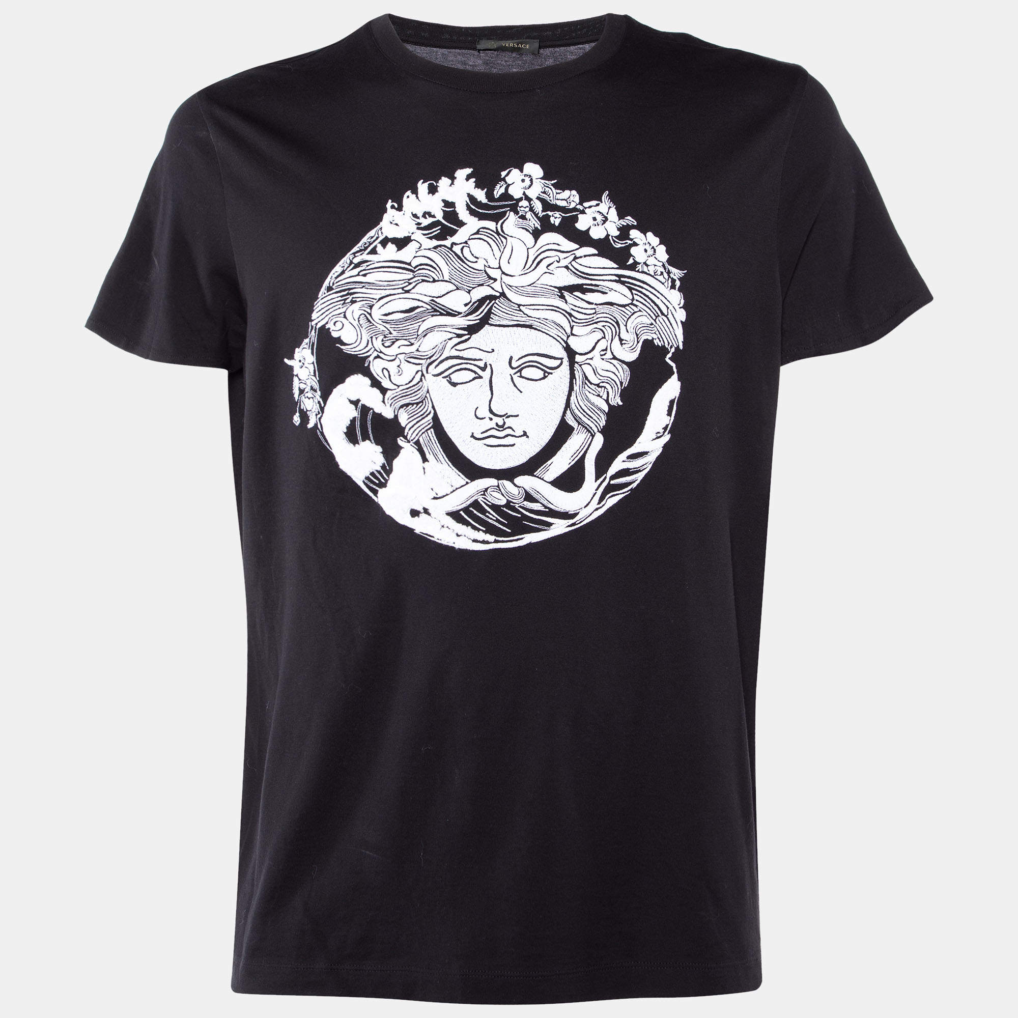 Pre Owned Versace Black Medusa Wave Embroidered Cotton Knit T-Shirt XL