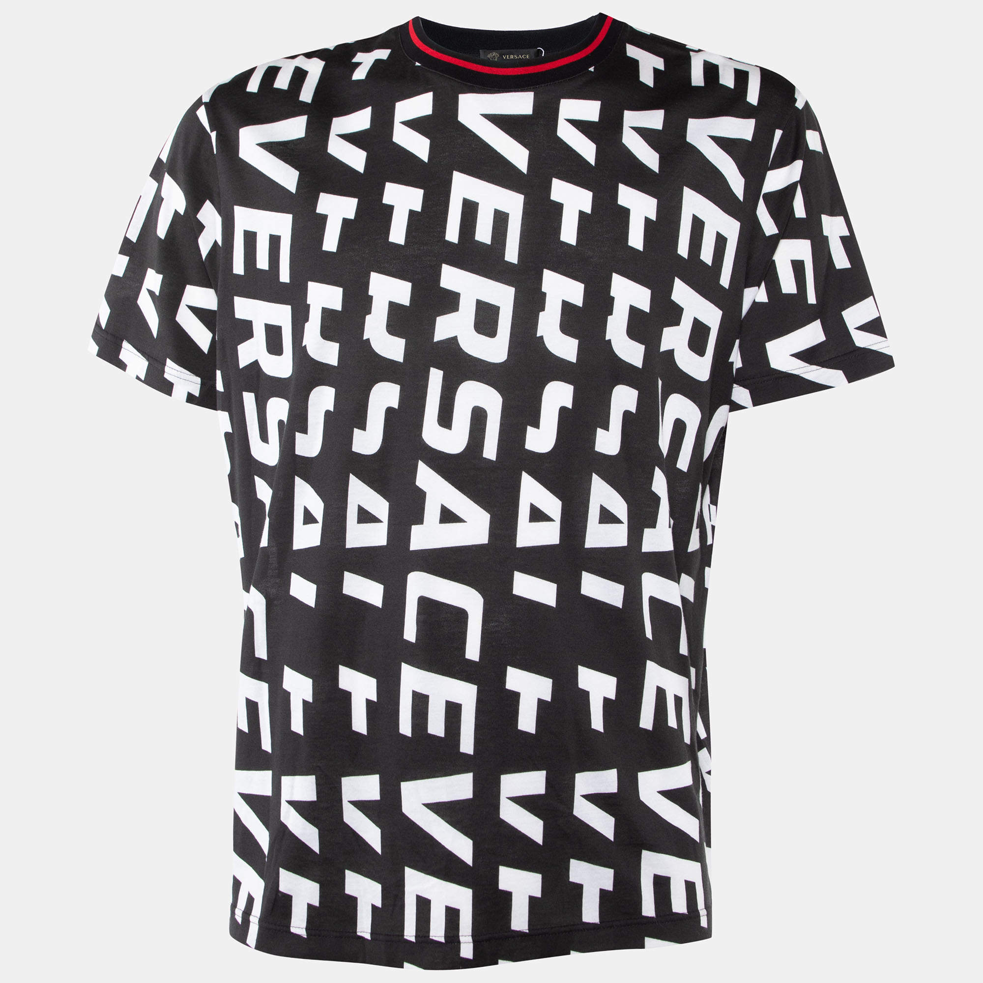 Pre Owned Versace Black Logo Letter Printed Cotton Knit T-Shirt XXL