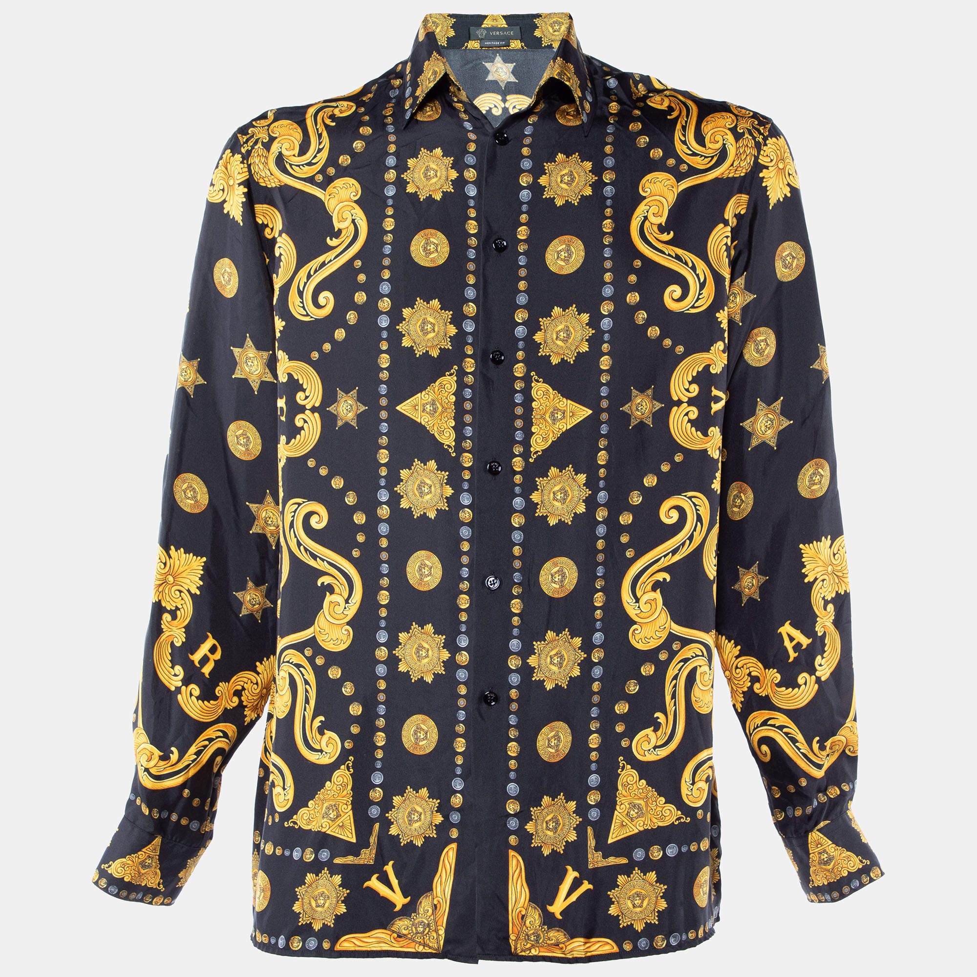 Versace Black Baroque Printed Silk Heritage Fit Shirt M