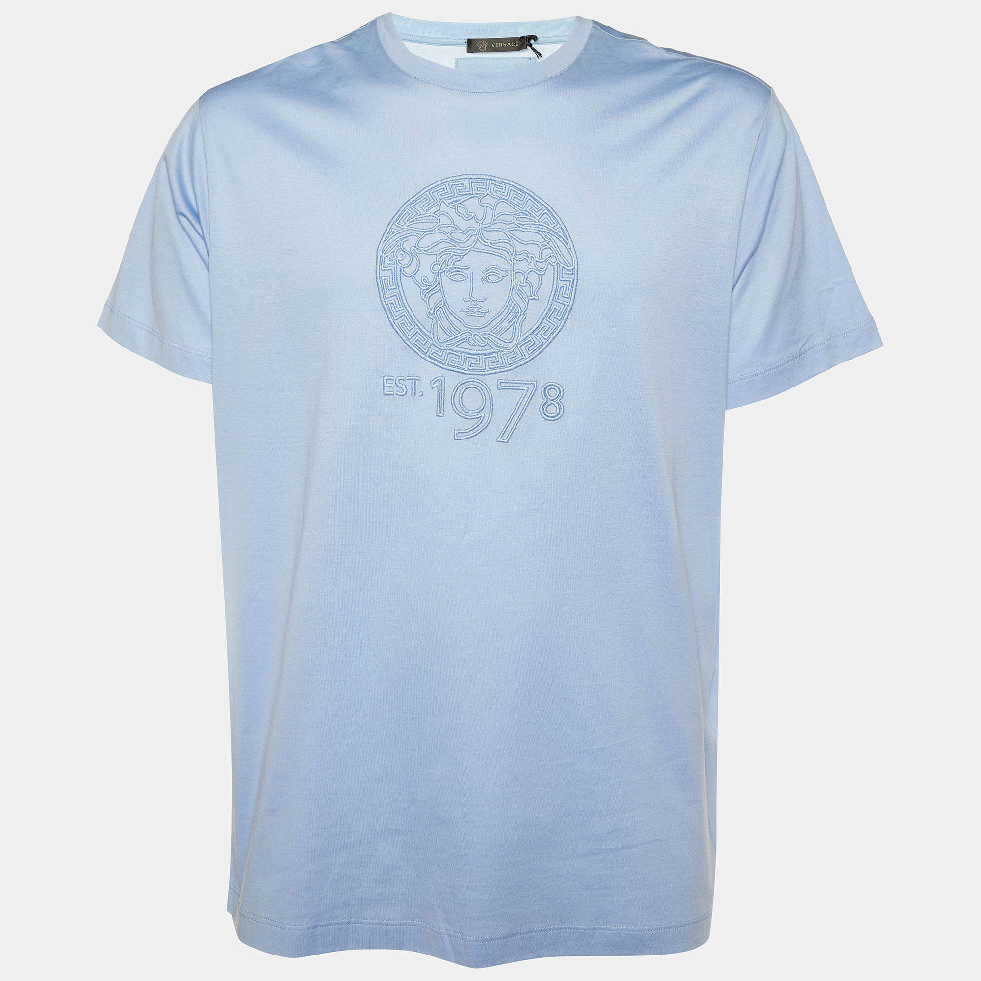 مملوكة مسبقًا Versace Blue Logo Embroidered Cotton Knit T-Shirt M