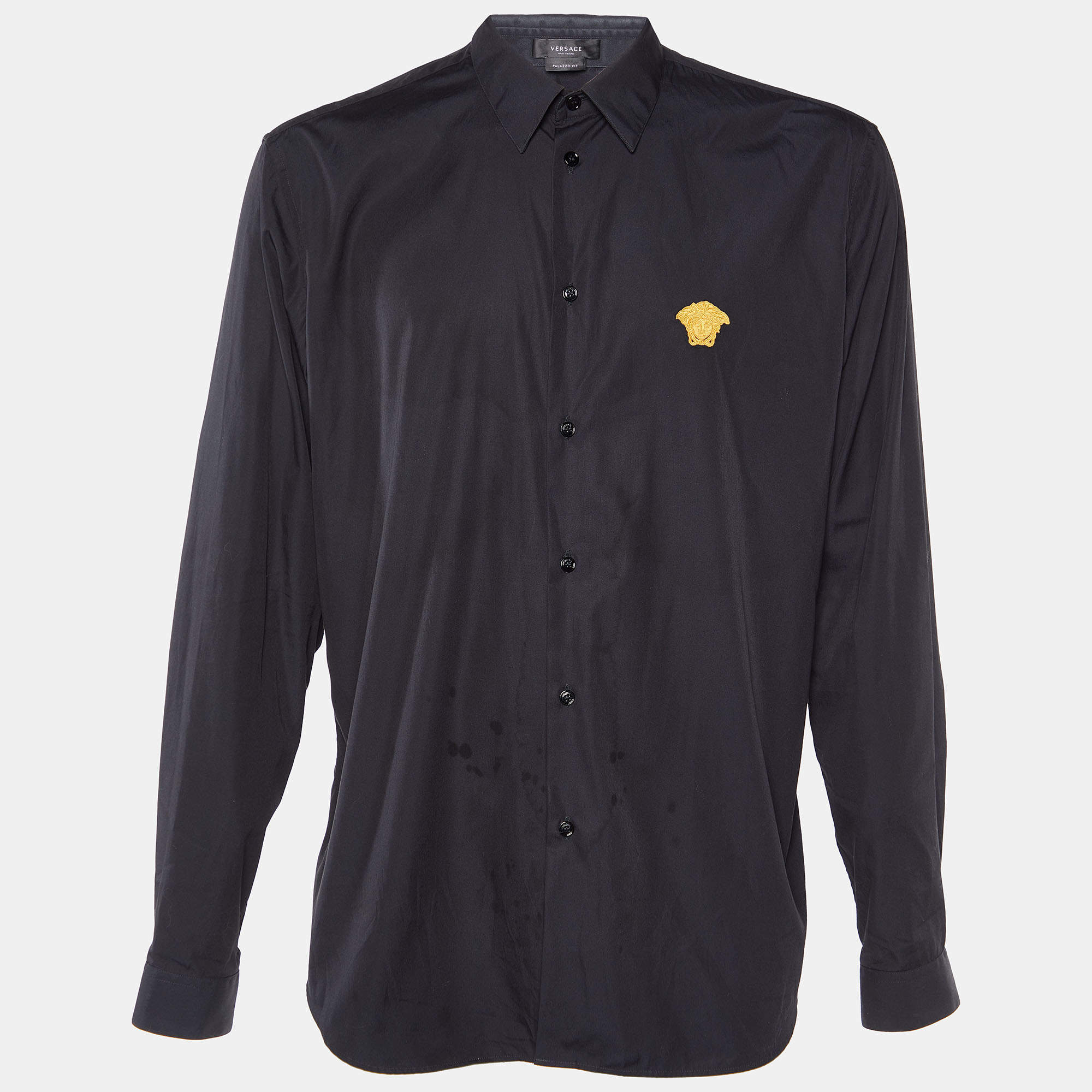 Pre Owned Versace Black Cotton Medusa Head Embroidered Palazzo Fit Shirt XXL