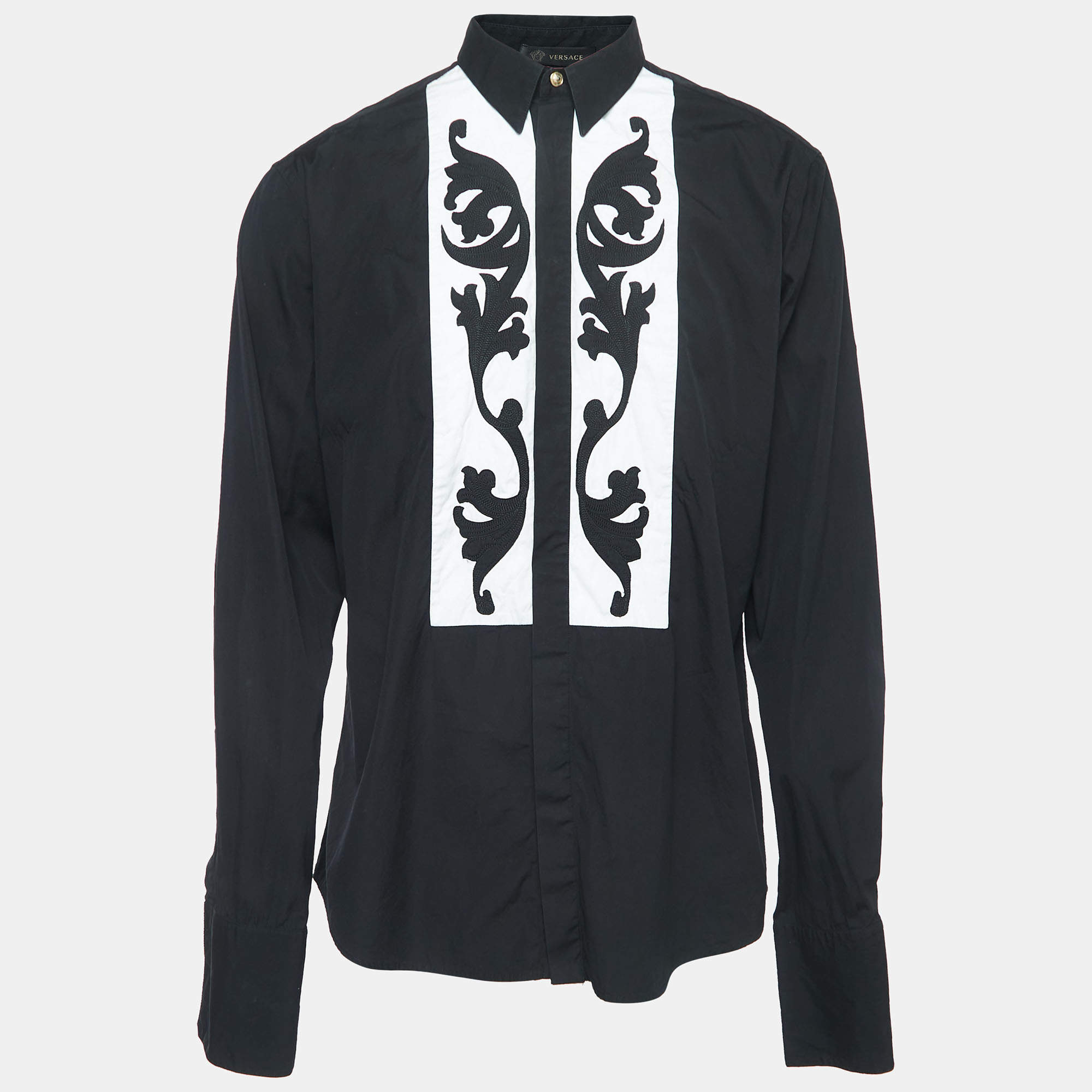 Versace Black Embroidered Cotton Button Front Double Cuff Shirt XL