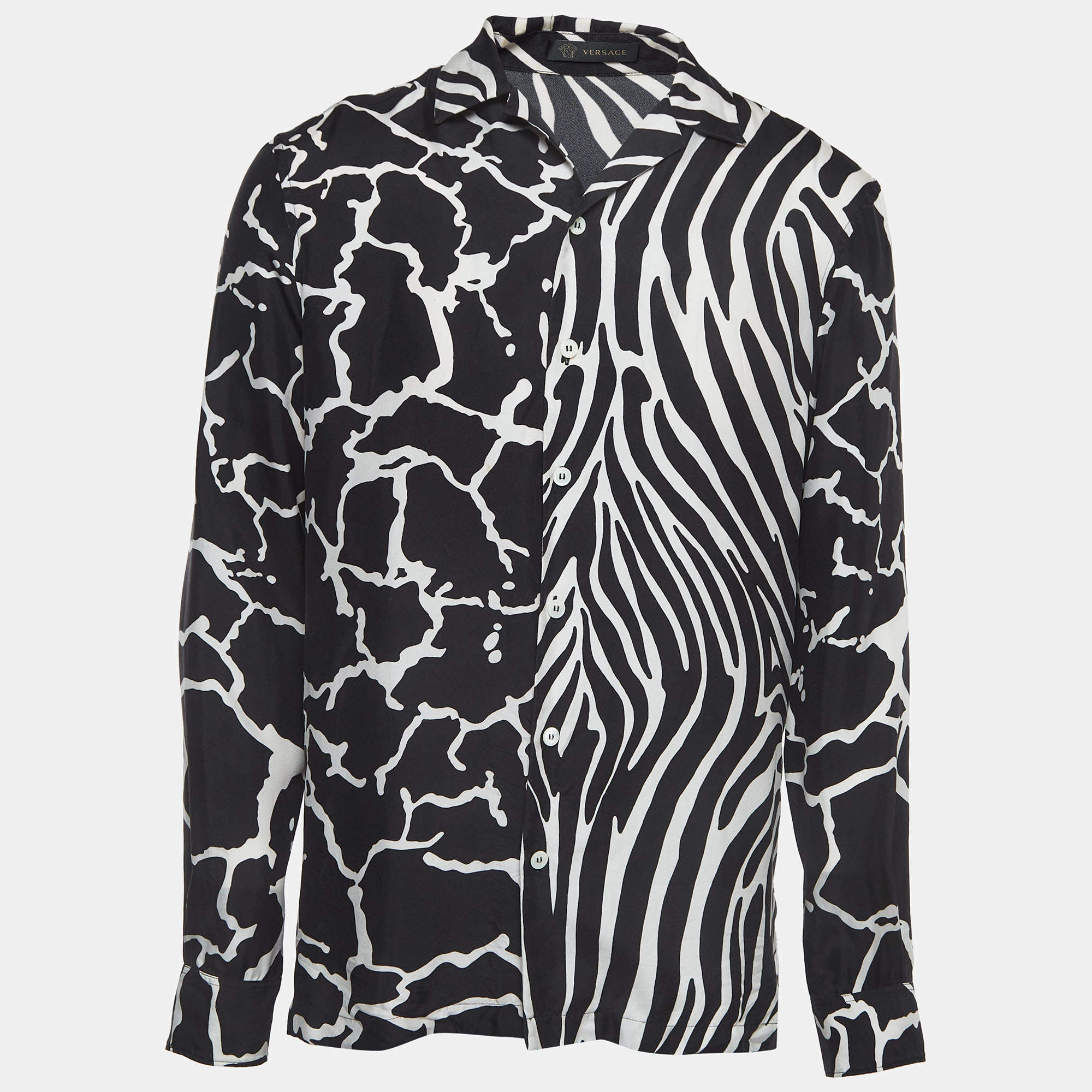 Versace Black Zebra/Giraffe Print Silk Button Front Full Sleeve Shirt M