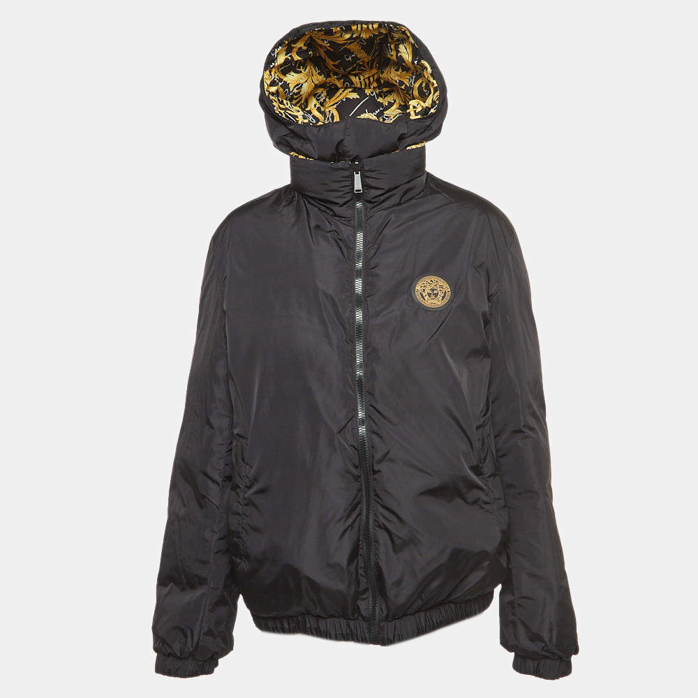 Pre Owned Versace Black/Yellow Baroque Print Nylon Reversible Puffer Jacket L