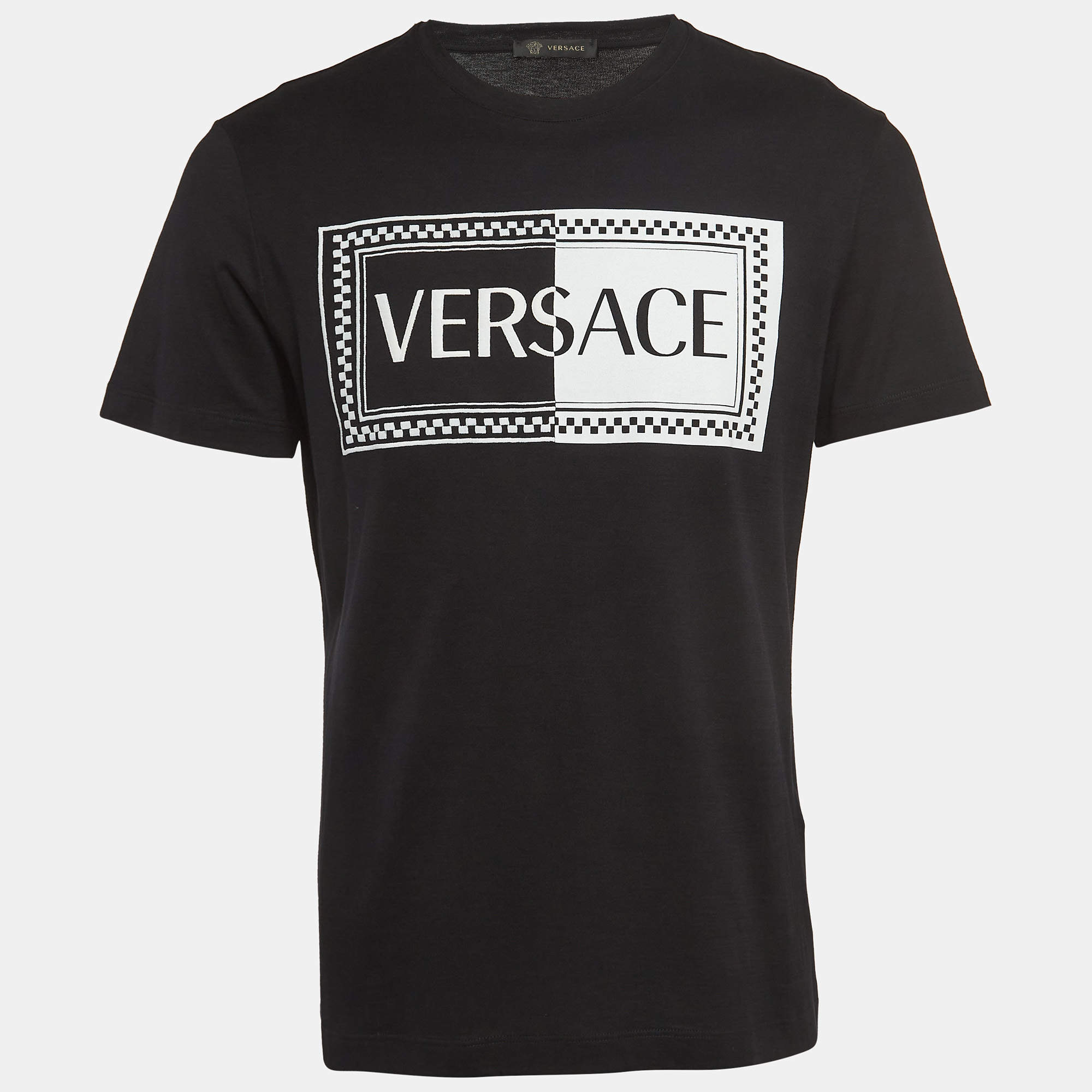Pre Owned Versace Black Logo Printed and Embroidered Cotton Crew Neck T-Shirt M
