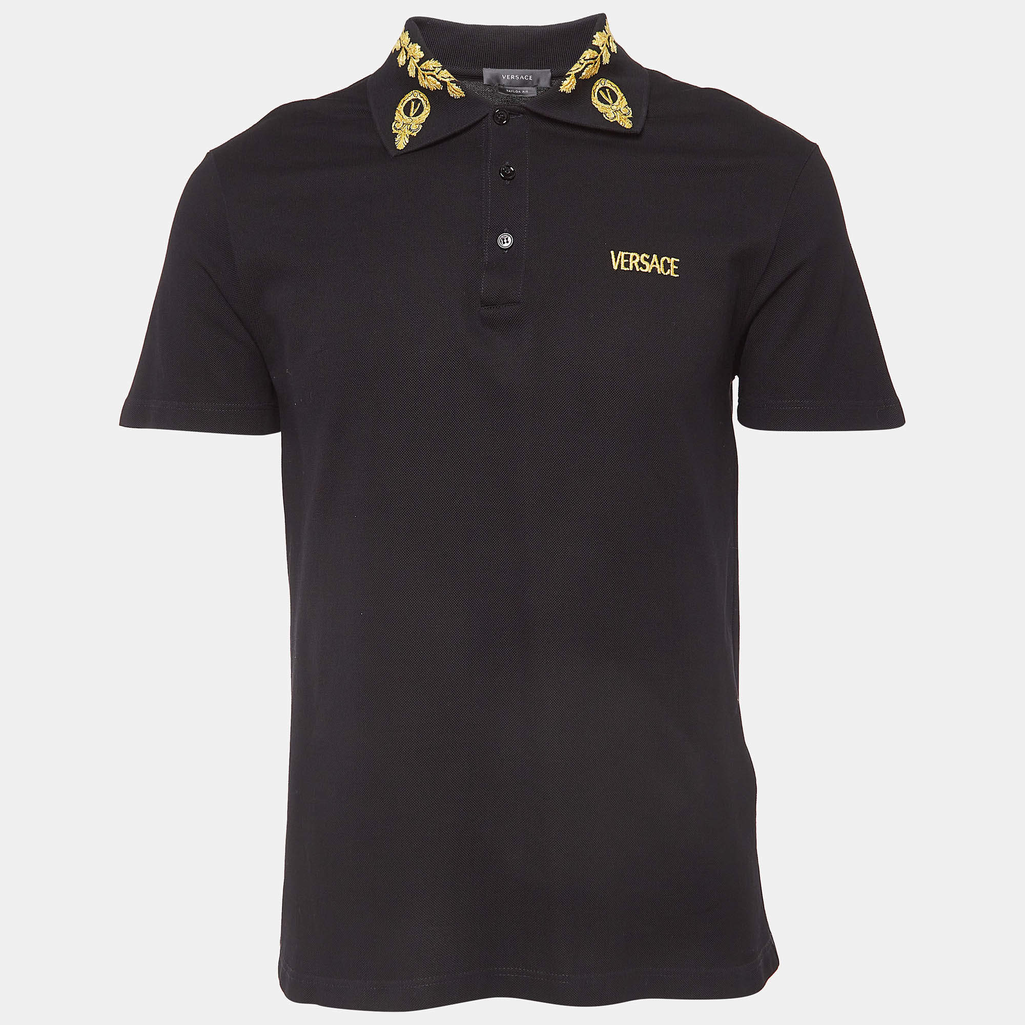 Versace Black Embroidered Cotton Pique Polo Custom Fit T-Shirt M