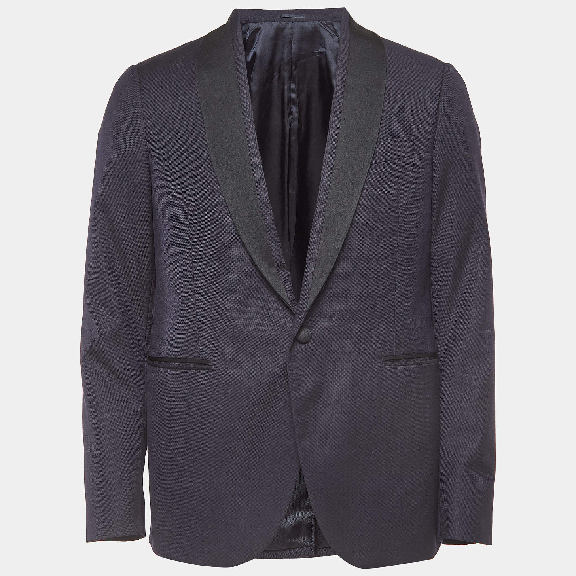 Versace Navy Blue Satin Trim Satin Wool Single Breasted Blazer L