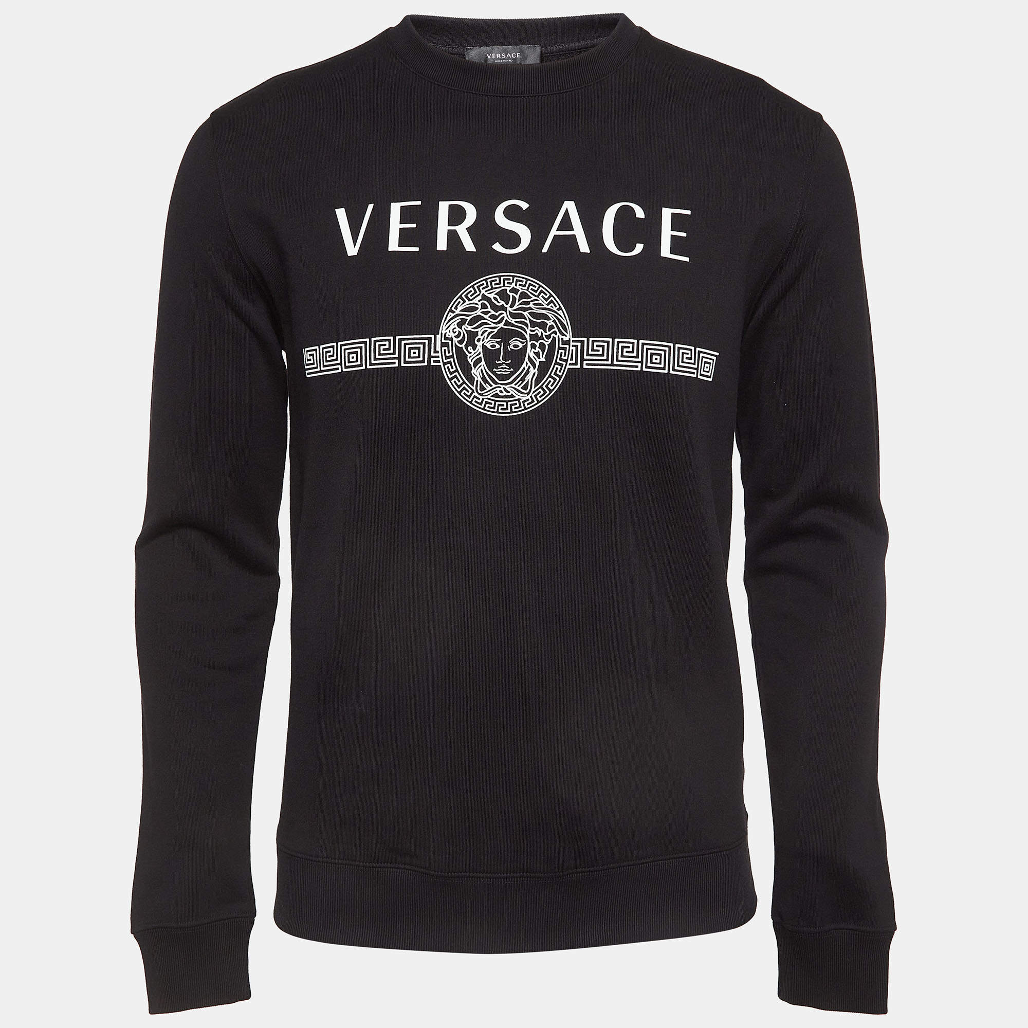 Pre Owned Versace Black Logo Print Cotton Knit Taylor Fit Sweatshirt XS