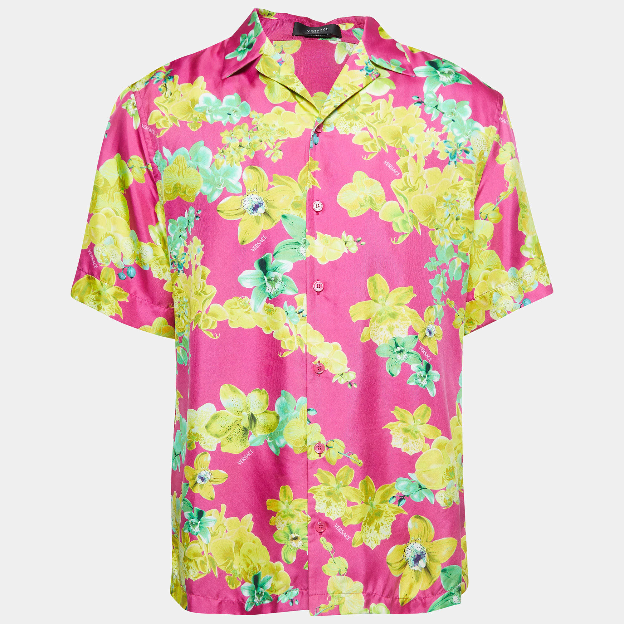 Versace Pink Orchid Print Silk American Fit Shirt L