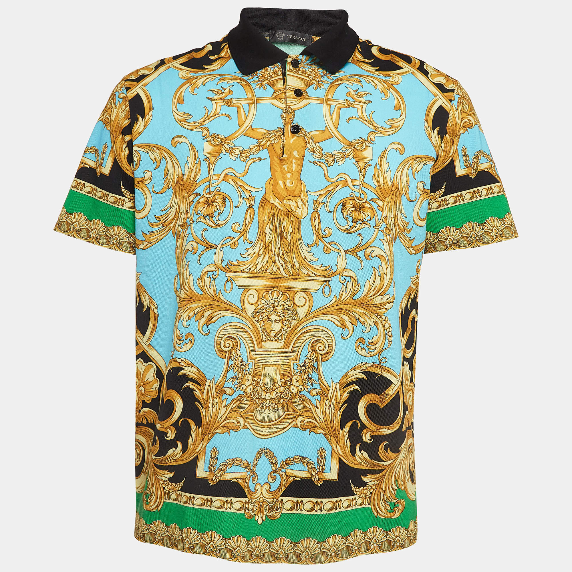 Versace Multicolor Baroque Printed Knit Polo T-Shirt XL