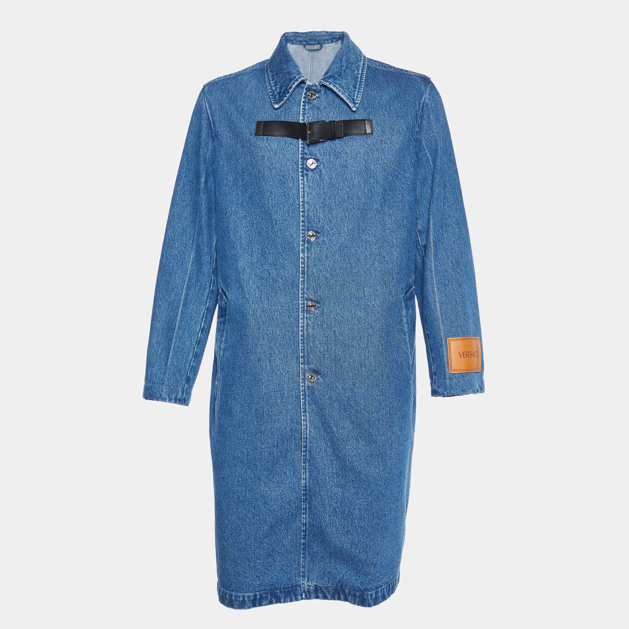Versace Blue Denim Logo Patch Button Front Coat M