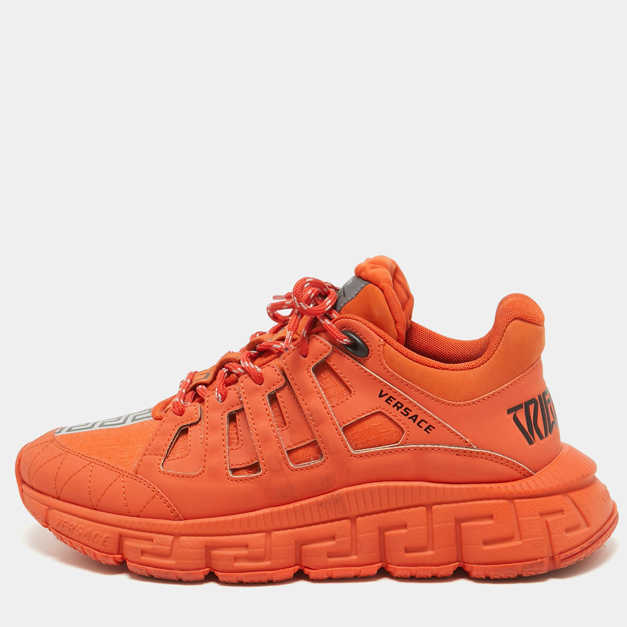 Versace Orange Canvas and Leather Trigreca Lace Up Sneakers Size 42