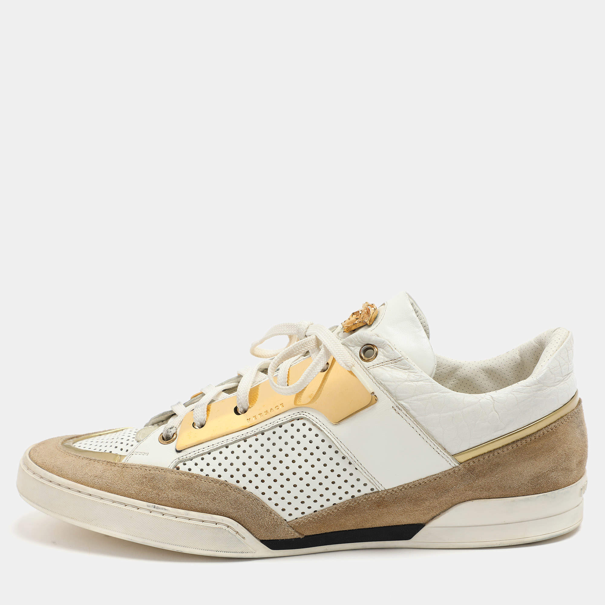 Versace White/Beige Leather and Suede Medusa Low Top Sneakers 43