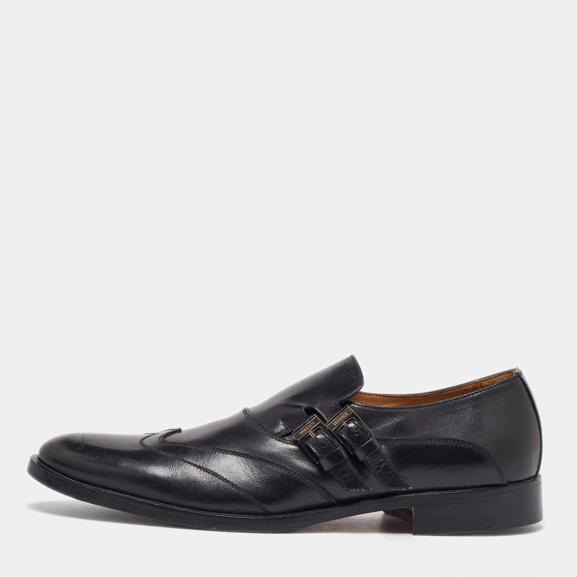 Versace Black Leather Mortimer Double Monk Strap Loafers Size 41