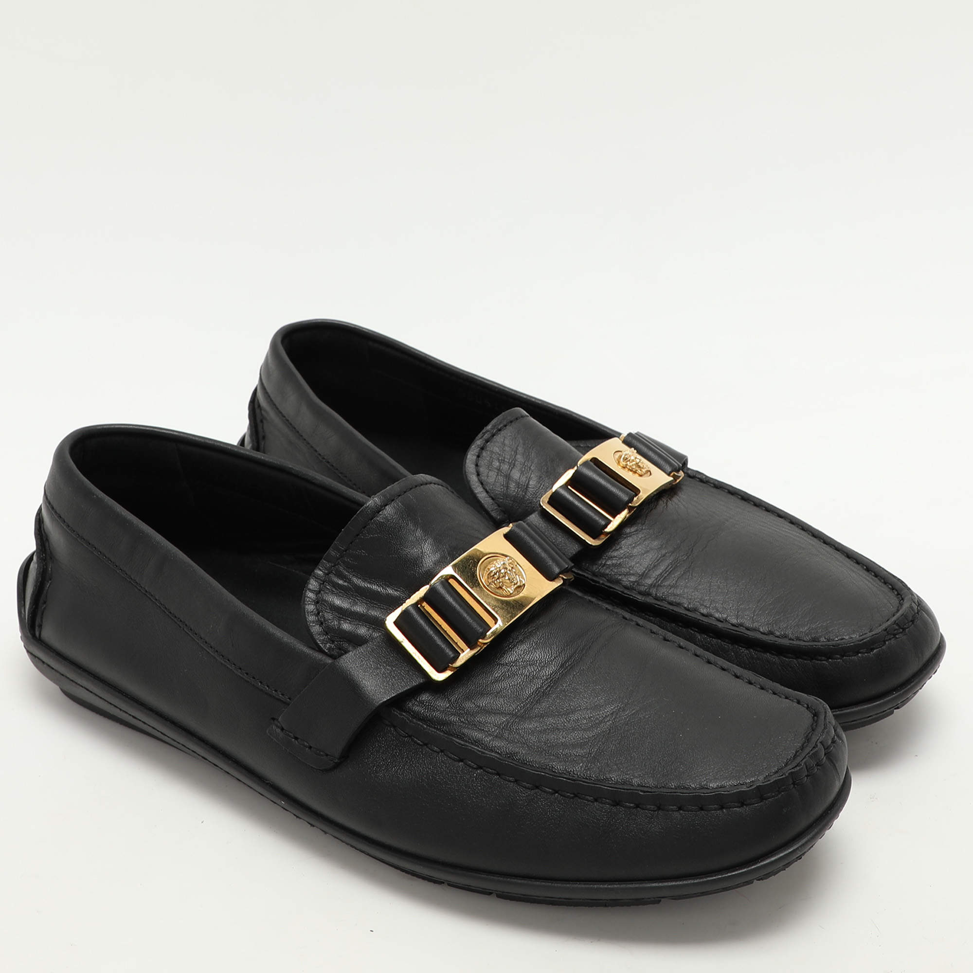 靴 GIANNI VERSACE leather shoes loafer 43 $849.00 !! VERSACE MEN'S ICONIC BLACK GREEK LEATHER LOAFERS