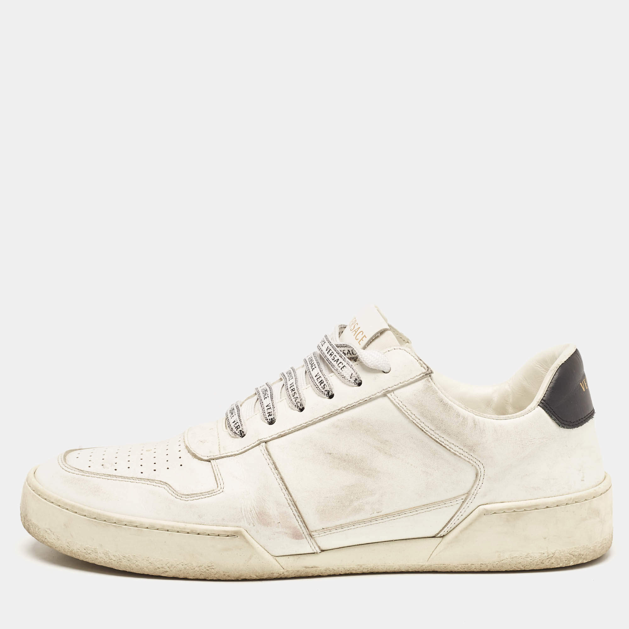 Pre Owned Versace White Leather Ilus Low Top Sneakers Size 43